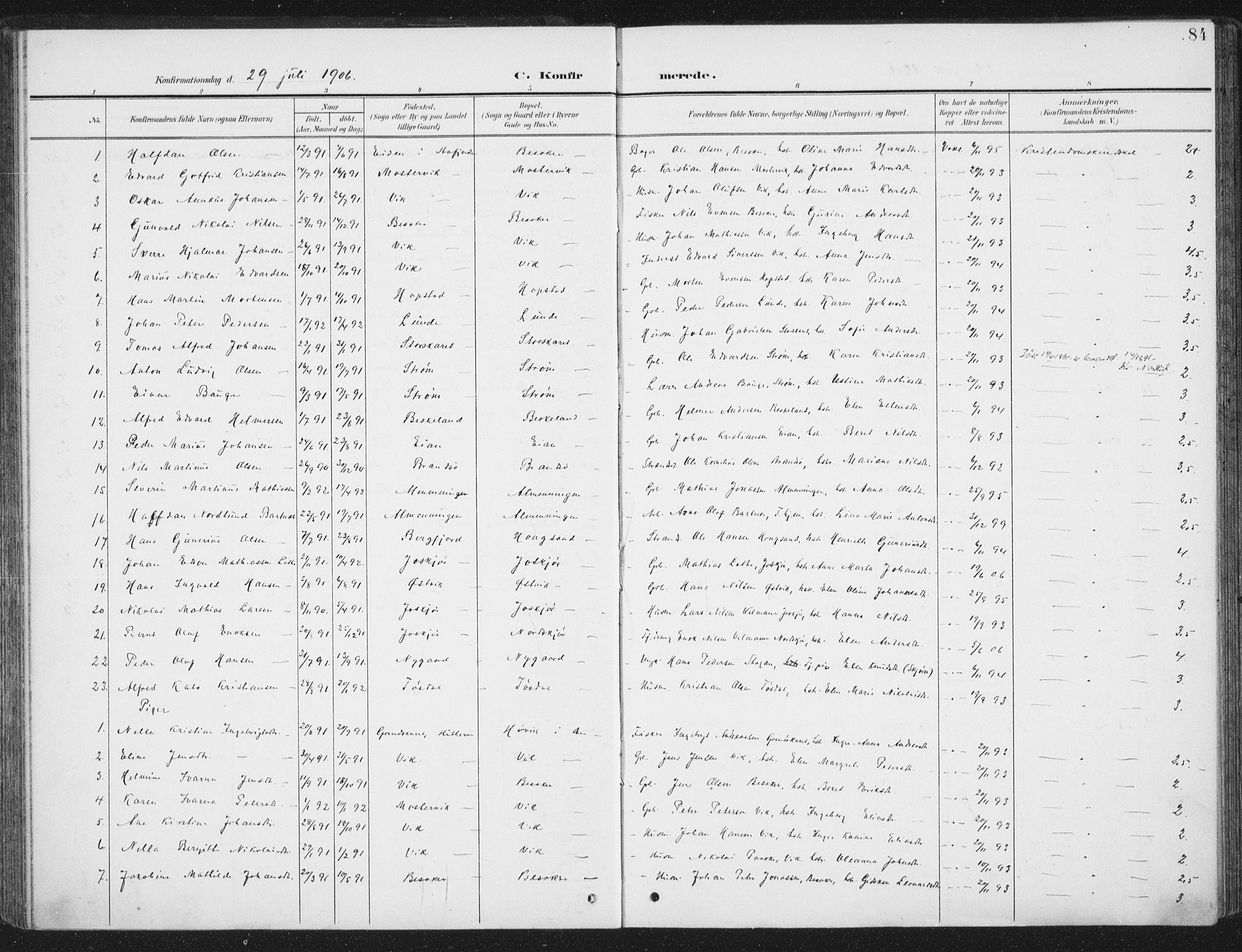 Ministerialprotokoller, klokkerbøker og fødselsregistre - Sør-Trøndelag, SAT/A-1456/657/L0709: Parish register (official) no. 657A10, 1905-1919, p. 84