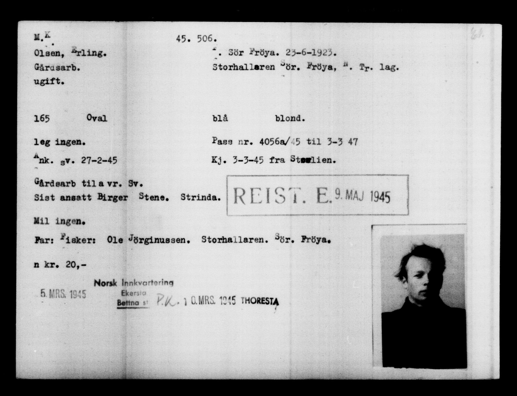 Utenriksstasjonene, Legasjonen i Stockholm, Flyktningkontoret, AV/RA-S-6753/V/Va/L0017: Kjesäterkartoteket, flyktninger med registreringsnr. 43400-46318, 1940-1945, p. 2193