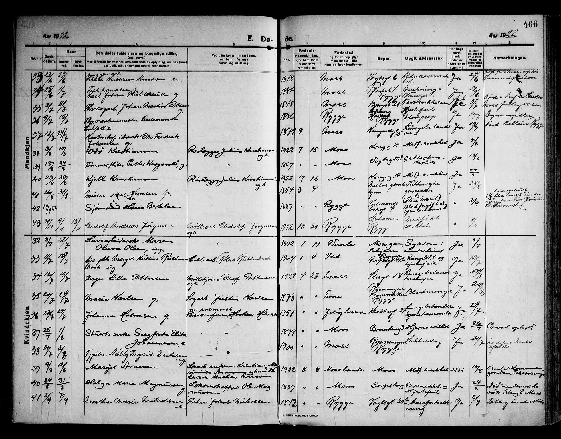 Moss prestekontor Kirkebøker, AV/SAO-A-2003/F/Fb/L0005: Parish register (official) no. II 5, 1913-1923, p. 466