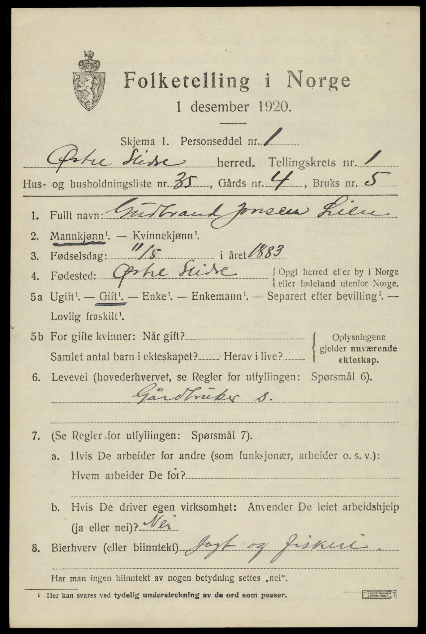 SAH, 1920 census for Øystre Slidre, 1920, p. 1417