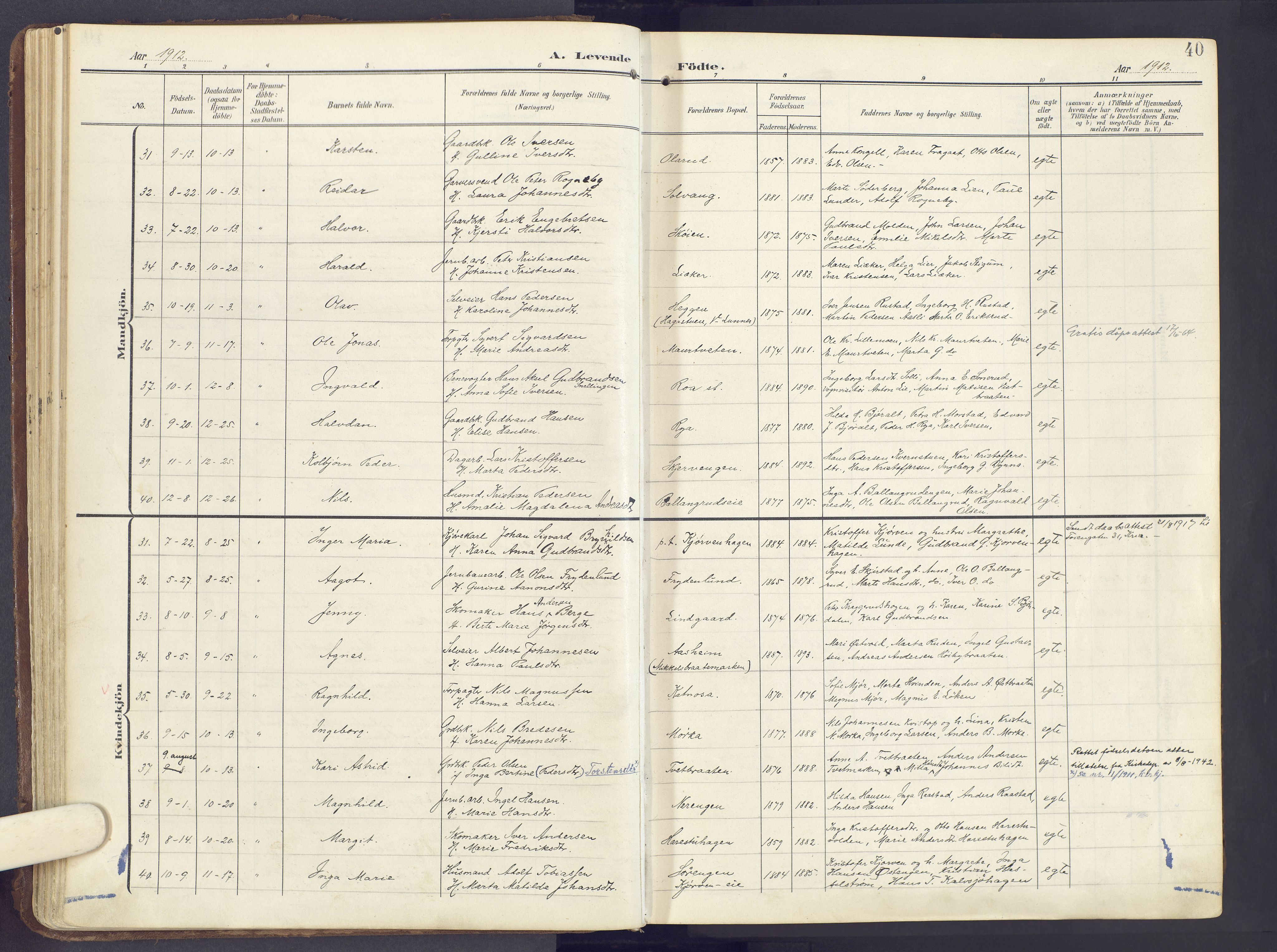 Lunner prestekontor, AV/SAH-PREST-118/H/Ha/Haa/L0001: Parish register (official) no. 1, 1907-1922, p. 40