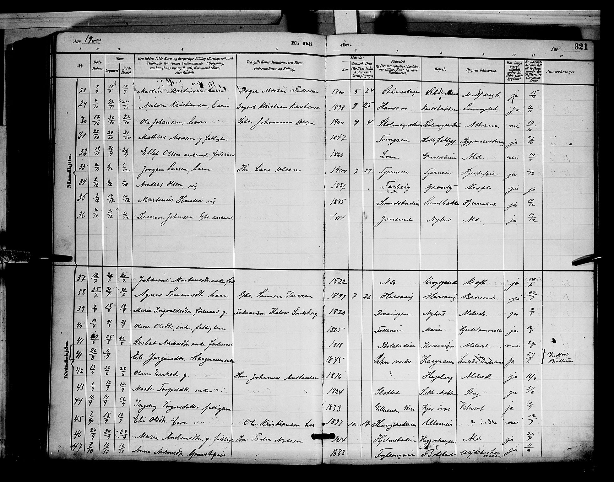 Ringsaker prestekontor, SAH/PREST-014/L/La/L0012: Parish register (copy) no. 12, 1891-1902, p. 321