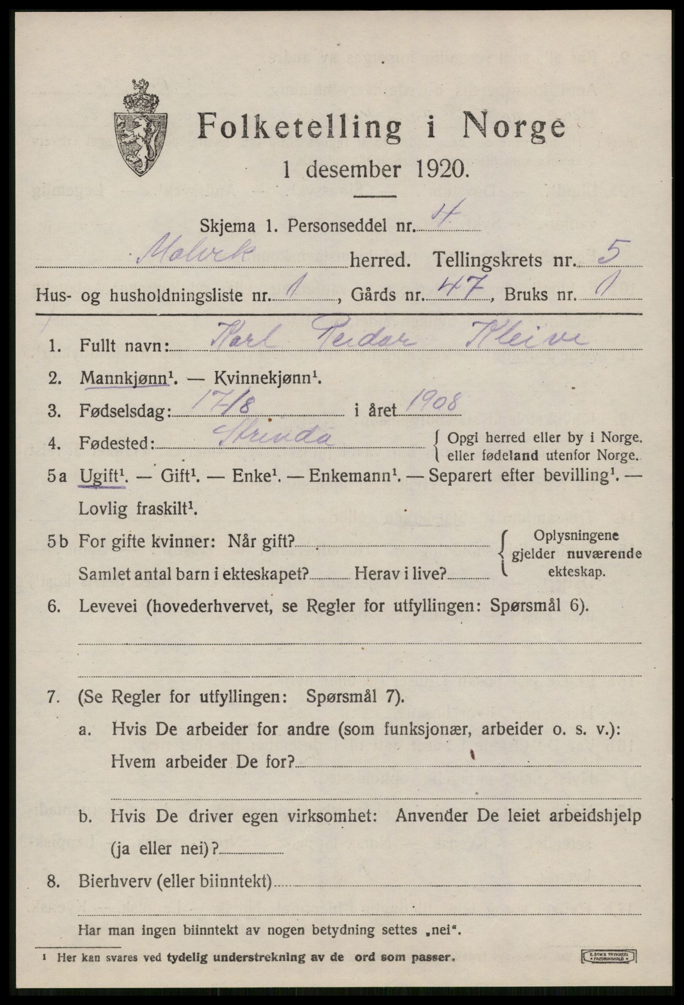 SAT, 1920 census for Malvik, 1920, p. 3186