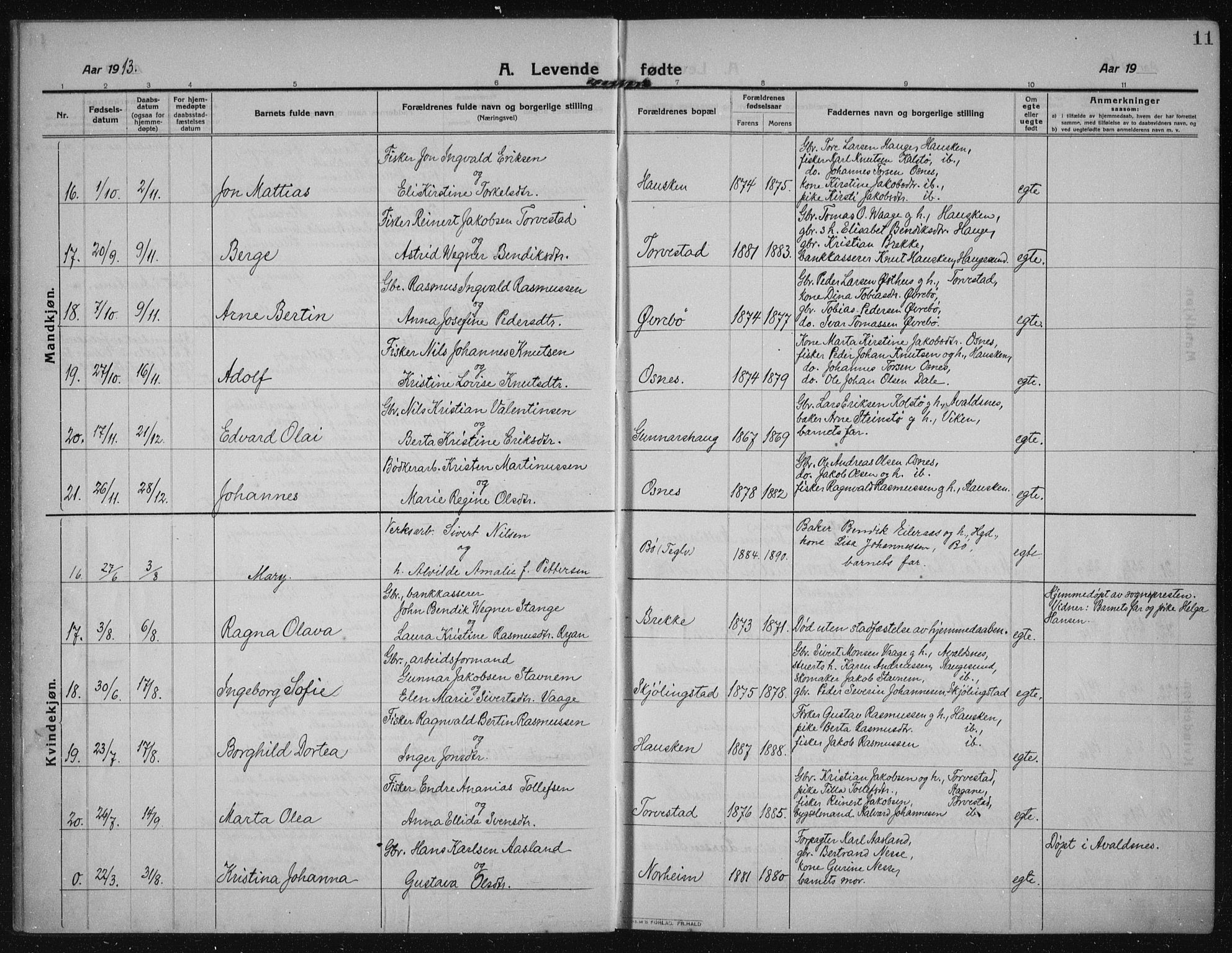 Torvastad sokneprestkontor, SAST/A -101857/H/Ha/Haa/L0019: Parish register (official) no. A 18, 1912-1920, p. 11
