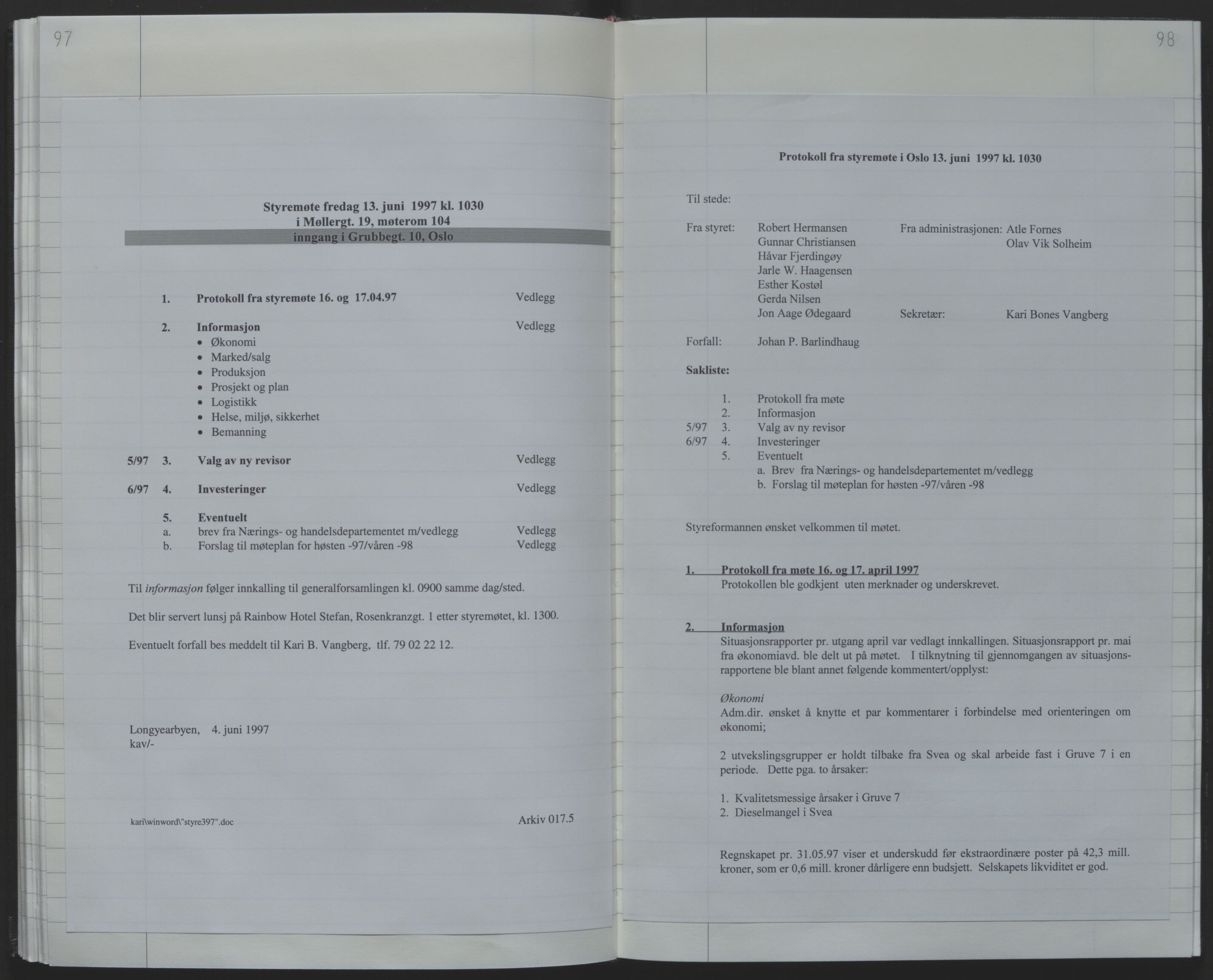 Store Norske Spitsbergen Kulkompani A/S, AV/SATØ-P-0073/09/A/Ab/Aba/L0004: Styreprotokoll 9, 1994-2000, p. 97-98