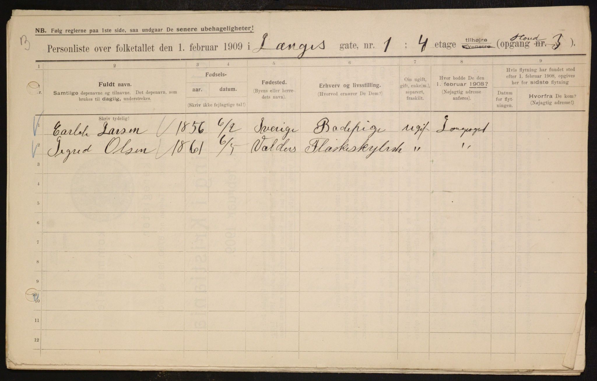 OBA, Municipal Census 1909 for Kristiania, 1909, p. 51396