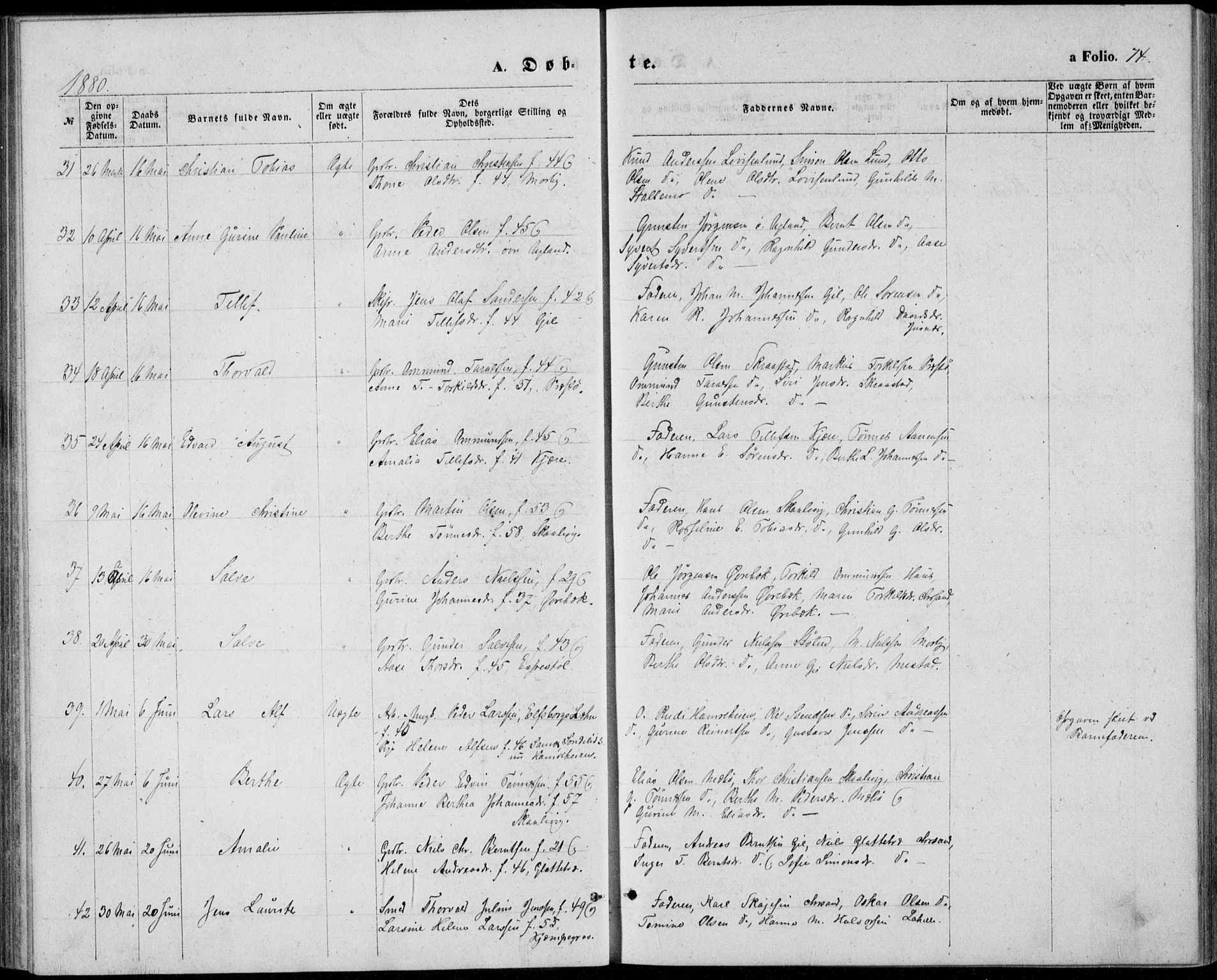 Oddernes sokneprestkontor, AV/SAK-1111-0033/F/Fb/Fba/L0007: Parish register (copy) no. B 7, 1869-1887, p. 74