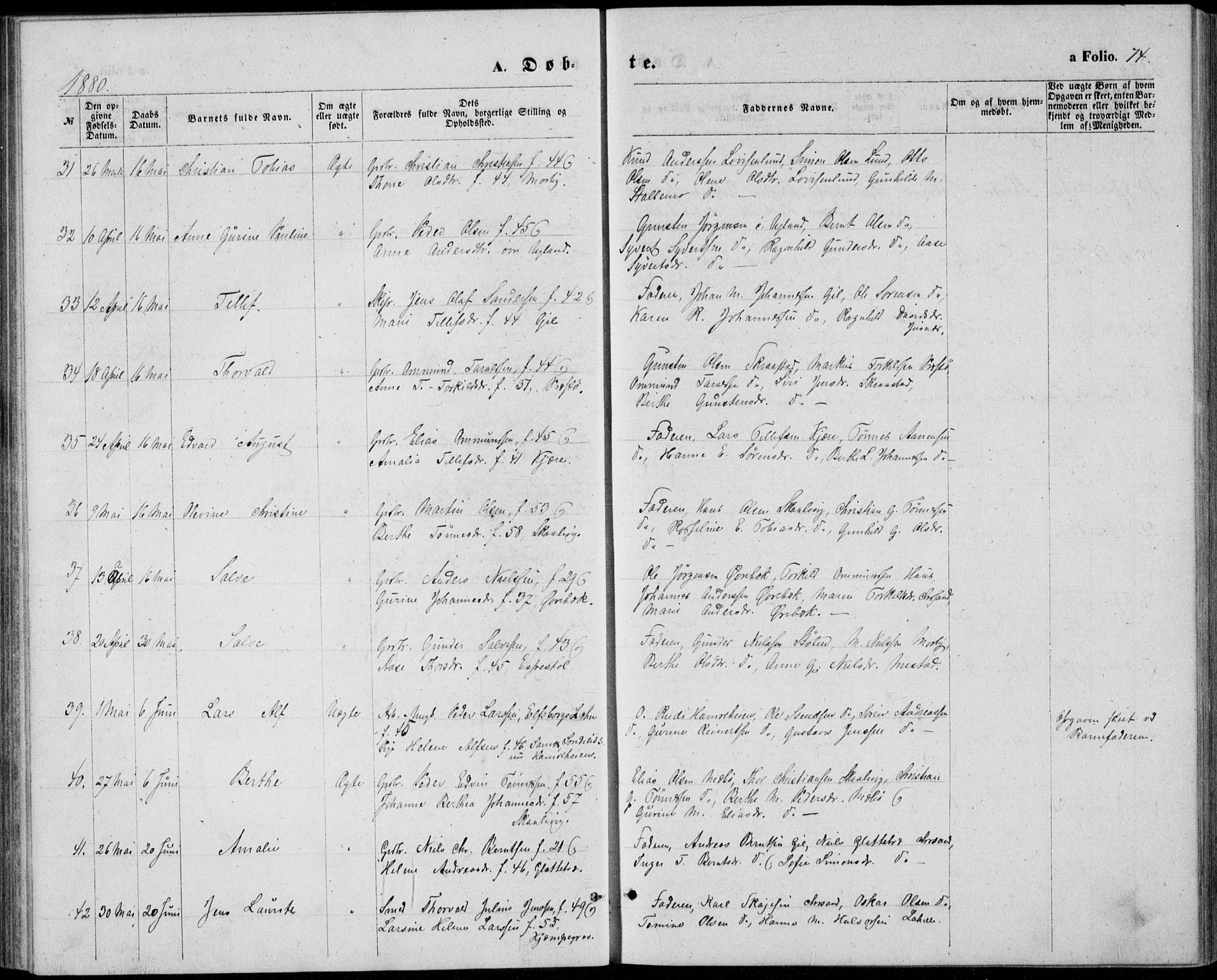 Oddernes sokneprestkontor, AV/SAK-1111-0033/F/Fb/Fba/L0007: Parish register (copy) no. B 7, 1869-1887, p. 74