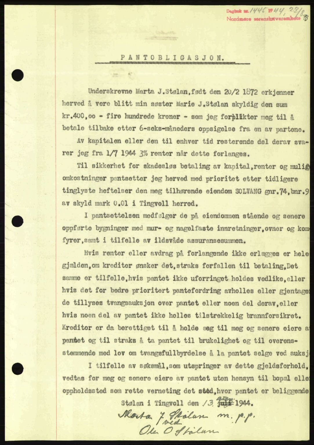 Nordmøre sorenskriveri, AV/SAT-A-4132/1/2/2Ca: Mortgage book no. B92, 1944-1945, Diary no: : 1445/1944