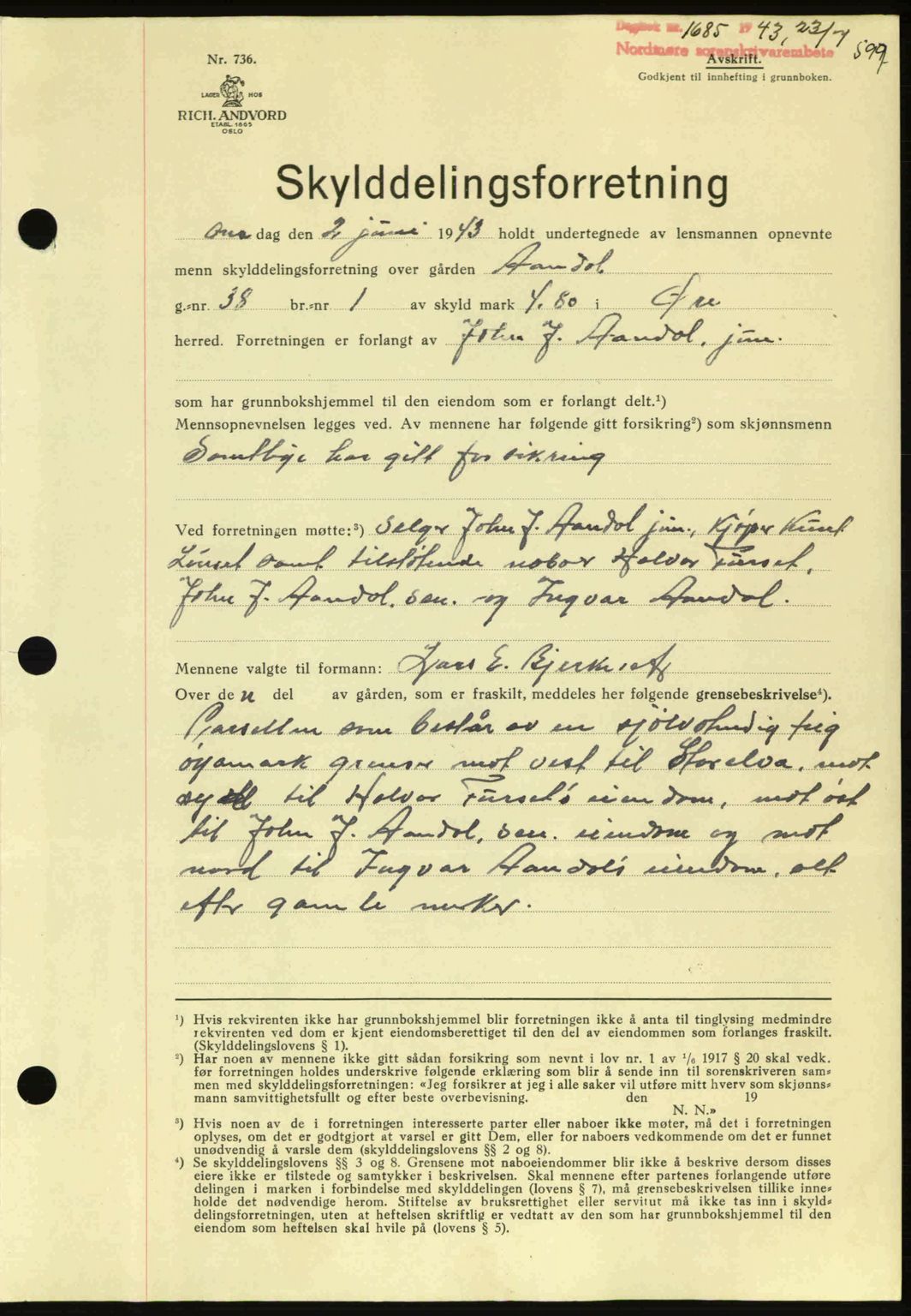 Nordmøre sorenskriveri, AV/SAT-A-4132/1/2/2Ca: Mortgage book no. A95, 1943-1943, Diary no: : 1685/1943