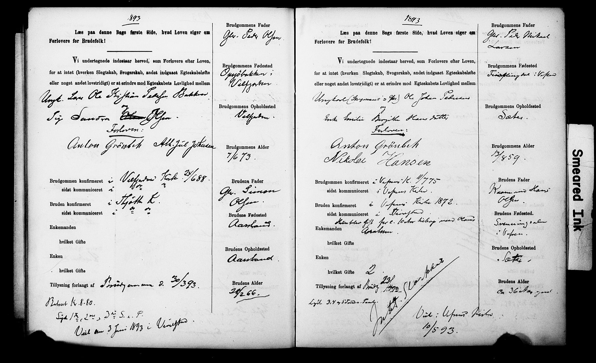 Uten arkivreferanse**, SAT/-: Banns register no. 1 /2 (Trøgstad), 1891-1895