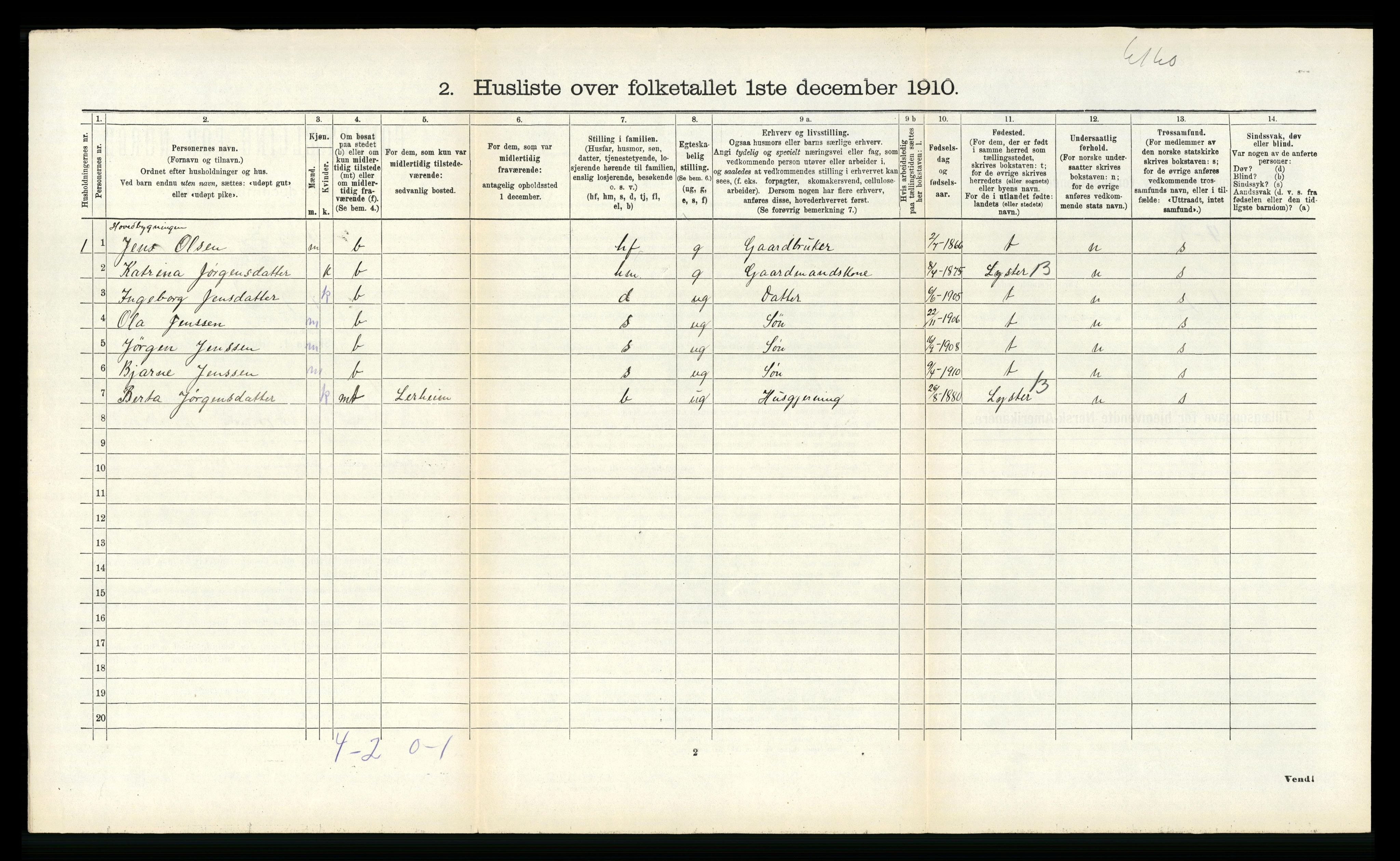 RA, 1910 census for Sogndal, 1910, p. 701