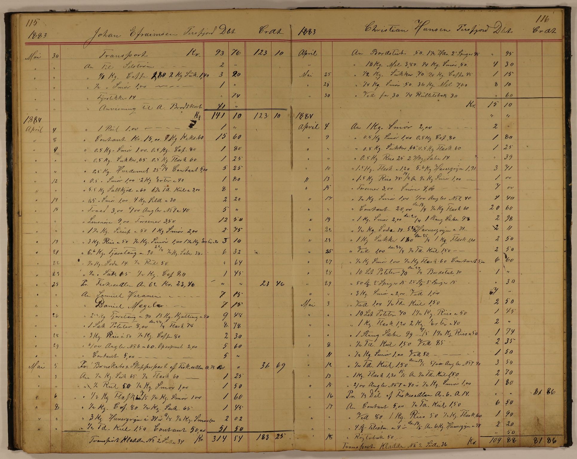 Brodtkorb handel A/S, VAMU/A-0001/E/Ea/L0003/0001: Skipperbøker. Persfjord / Skipperbog for Persfjord No1, 1881-1884, p. 115-116