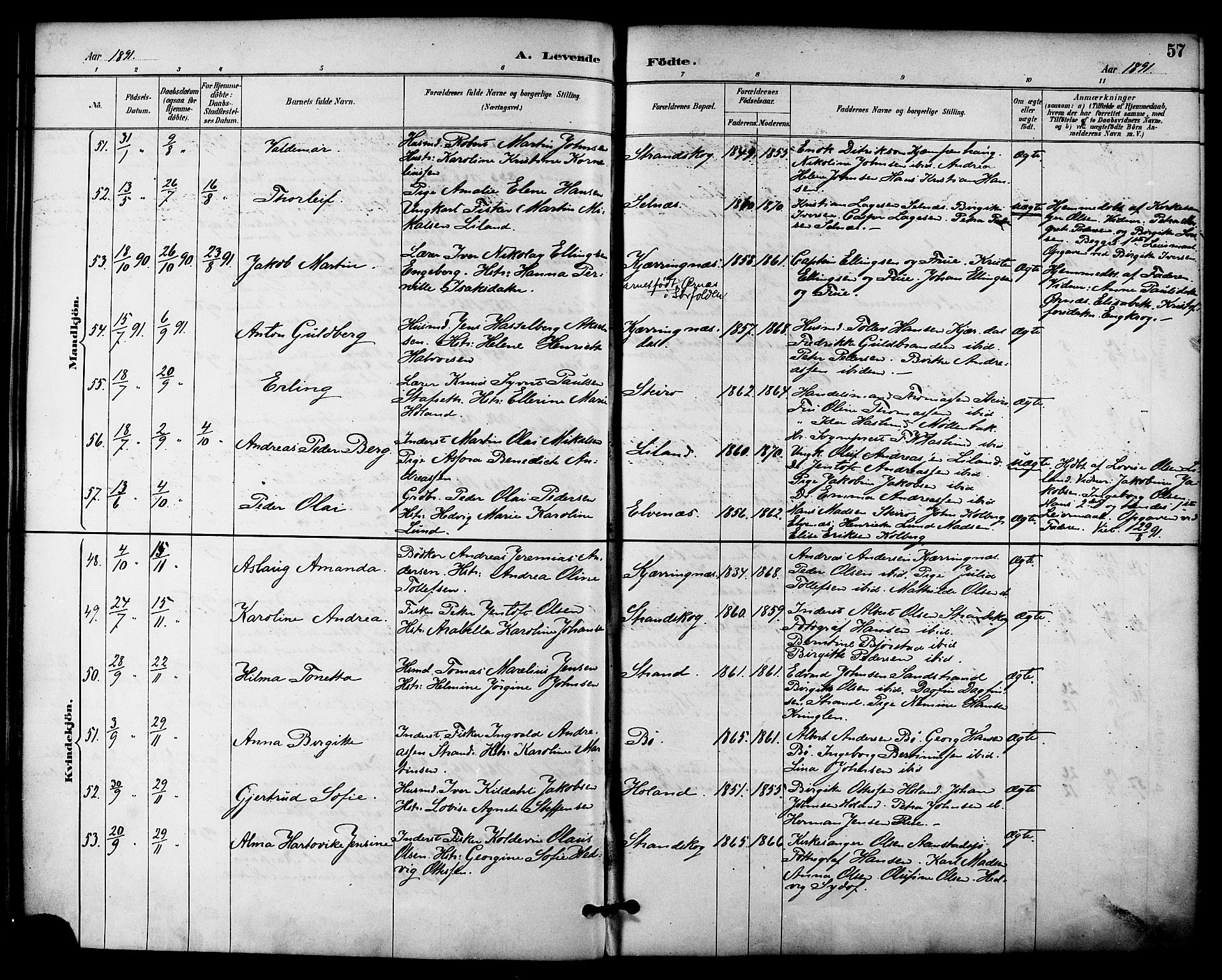 Ministerialprotokoller, klokkerbøker og fødselsregistre - Nordland, AV/SAT-A-1459/895/L1371: Parish register (official) no. 895A06, 1885-1894, p. 57