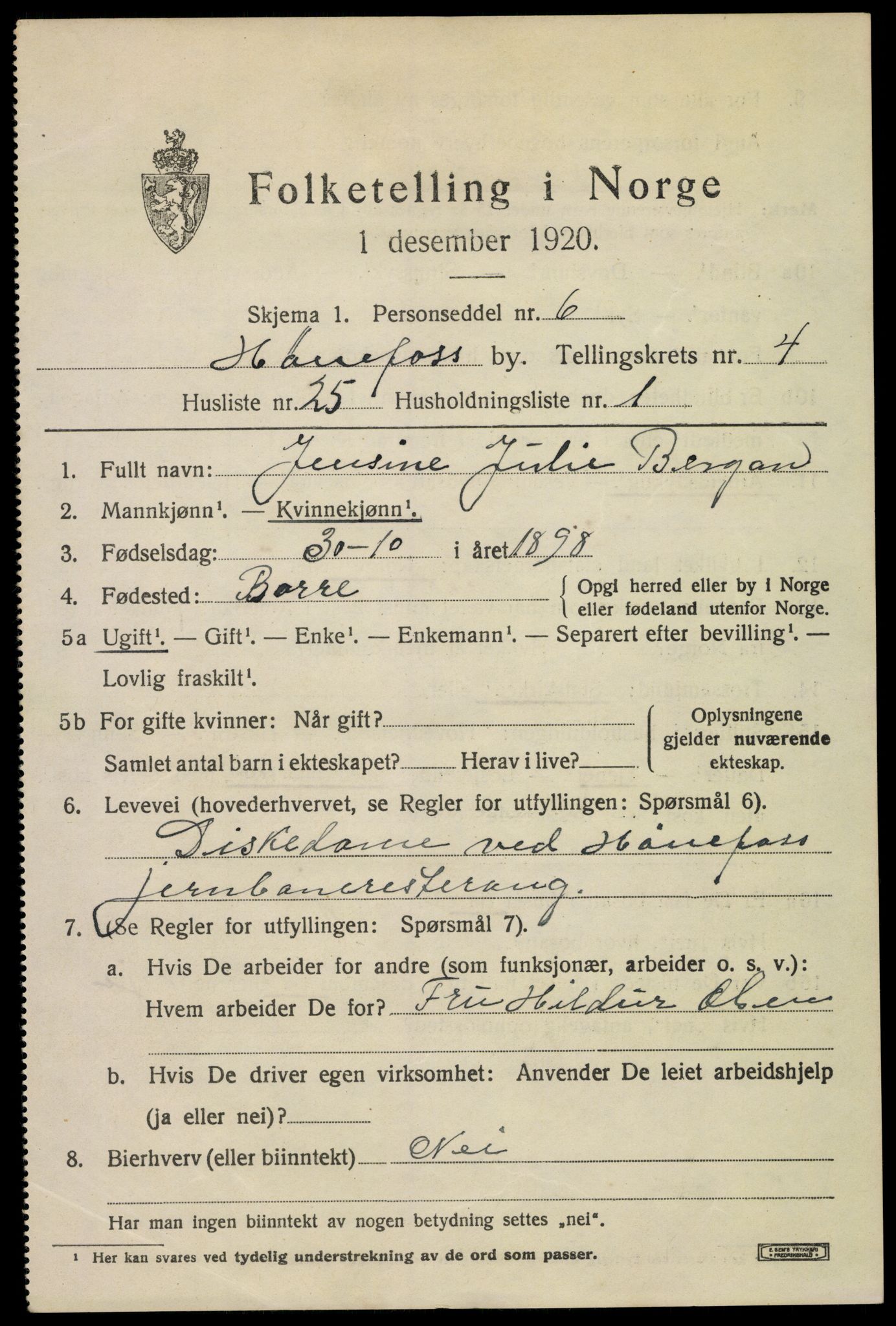 SAKO, 1920 census for Hønefoss, 1920, p. 6616