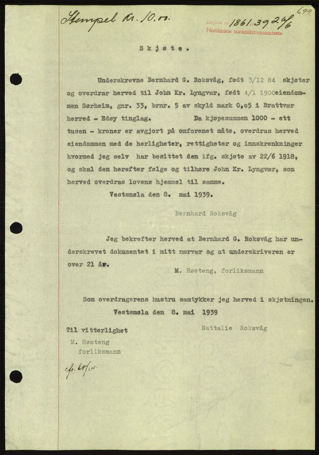 Nordmøre sorenskriveri, AV/SAT-A-4132/1/2/2Ca: Mortgage book no. A86, 1939-1939, Diary no: : 1861/1939