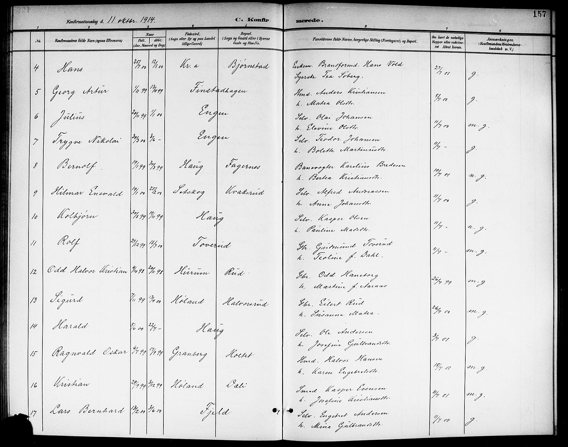 Aurskog prestekontor Kirkebøker, SAO/A-10304a/G/Ga/L0004: Parish register (copy) no. I 4, 1901-1921, p. 157