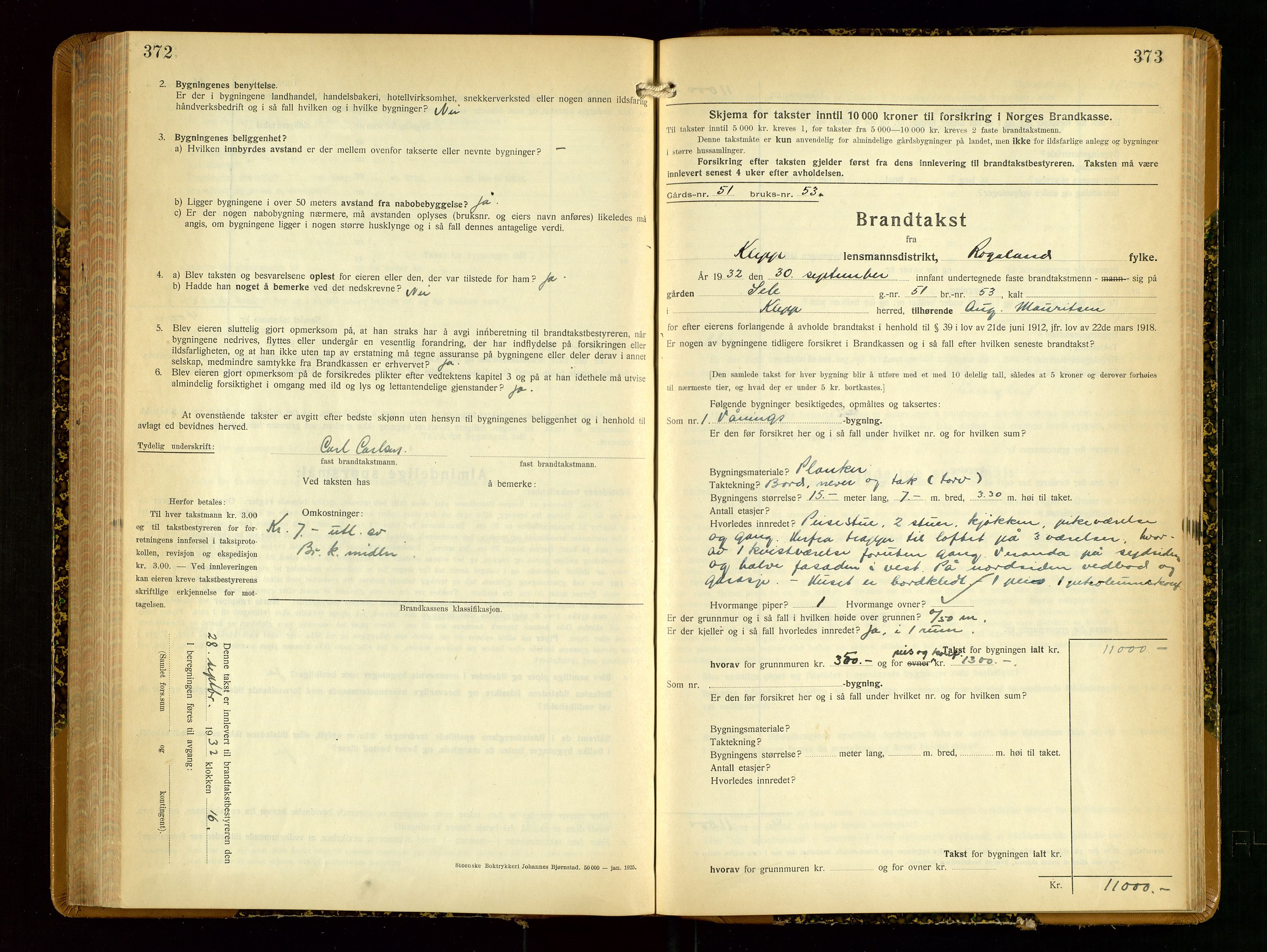 Klepp lensmannskontor, AV/SAST-A-100163/Goc/L0012: "Brandtakstprotokoll" m/register, 1929-1933, p. 372-373