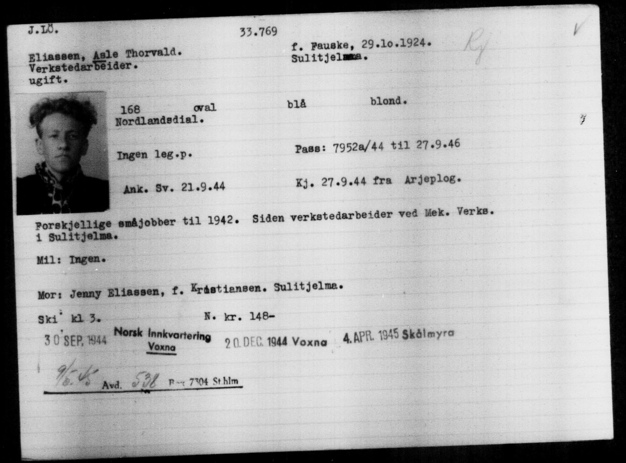 Utenriksstasjonene, Legasjonen i Stockholm, Flyktningkontoret, AV/RA-S-6753/V/Va/L0013: Kjesäterkartoteket, flyktninger med registreringsnr. 31500-34731, 1940-1945, p. 2395