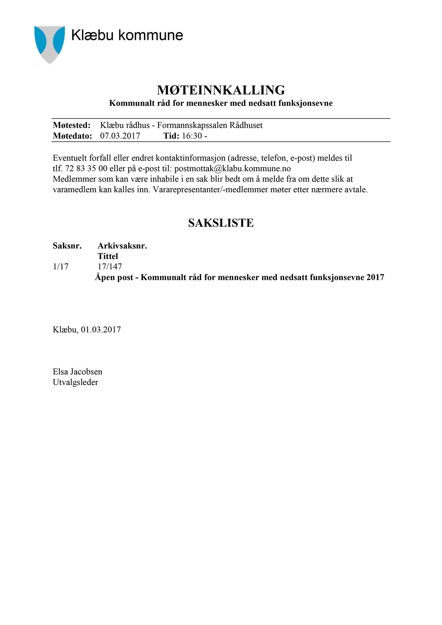 Klæbu Kommune, TRKO/KK/08-KMNF/L007: Kommunalt råd for mennesker med nedsatt funksjonsevne - Møteoversikt, 2017, p. 2