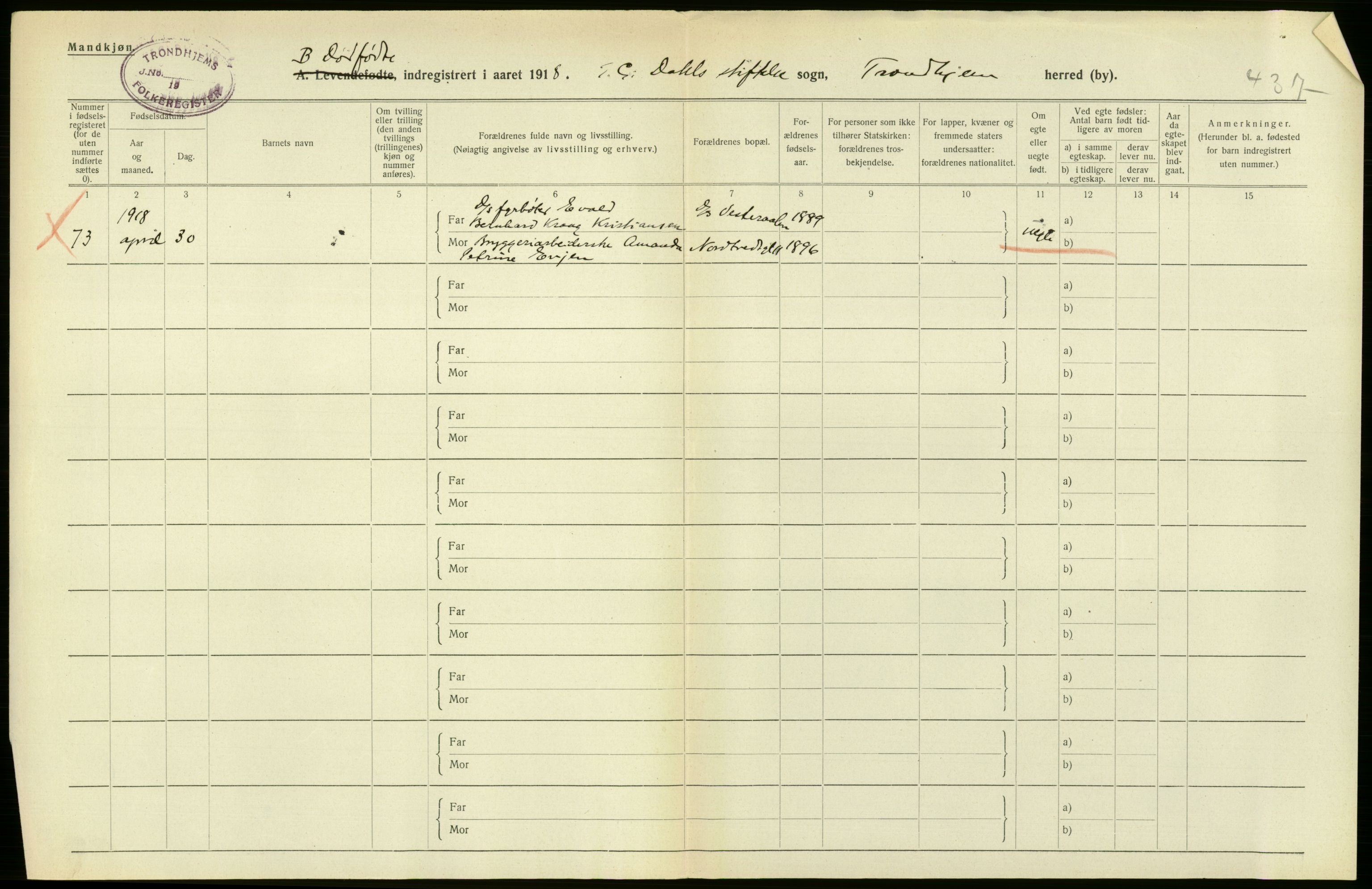 Statistisk sentralbyrå, Sosiodemografiske emner, Befolkning, AV/RA-S-2228/D/Df/Dfb/Dfbh/L0049: Trondheim: Døde, dødfødte., 1918, p. 356