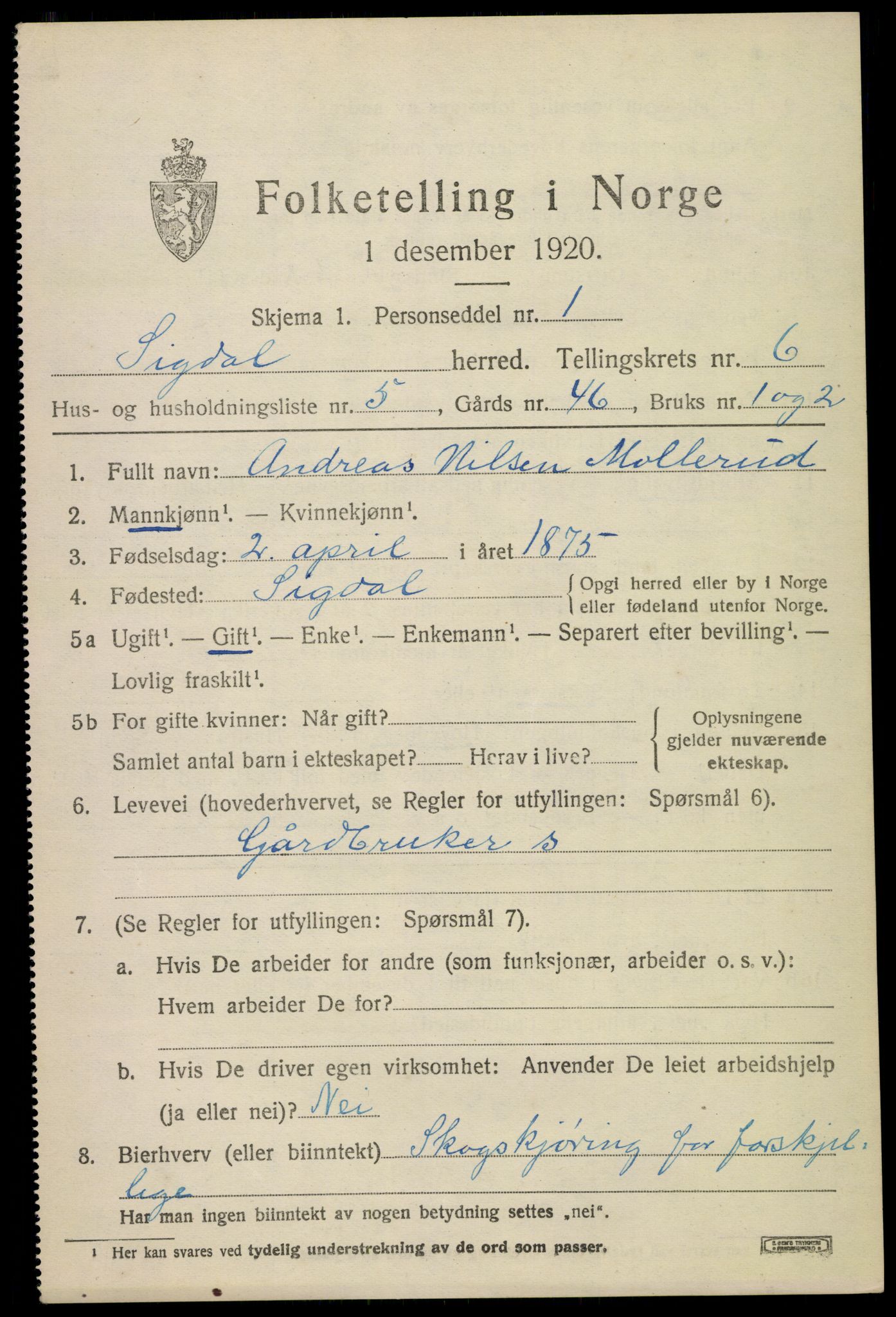 SAKO, 1920 census for Sigdal, 1920, p. 4572