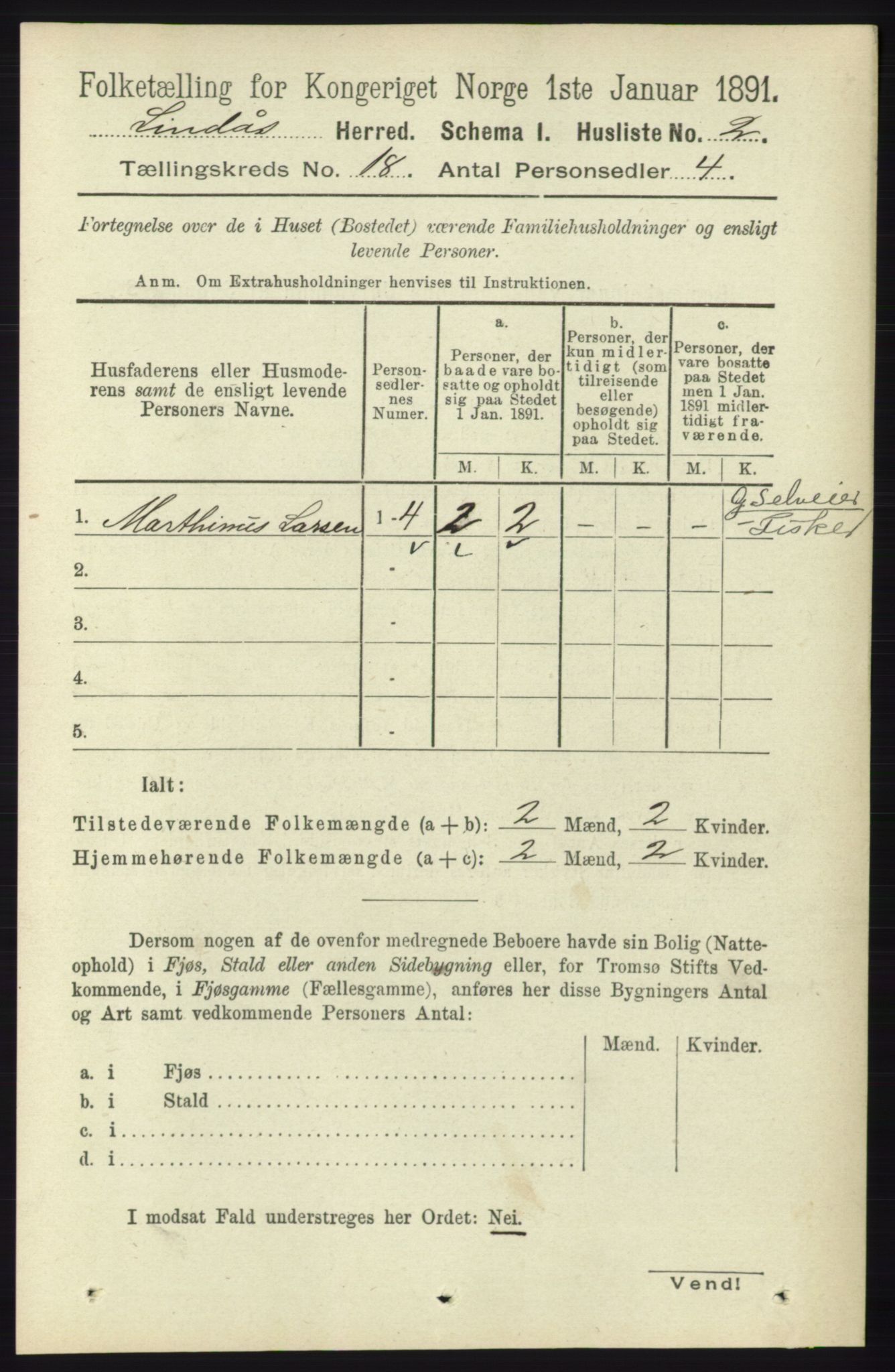 RA, 1891 census for 1263 Lindås, 1891, p. 6465