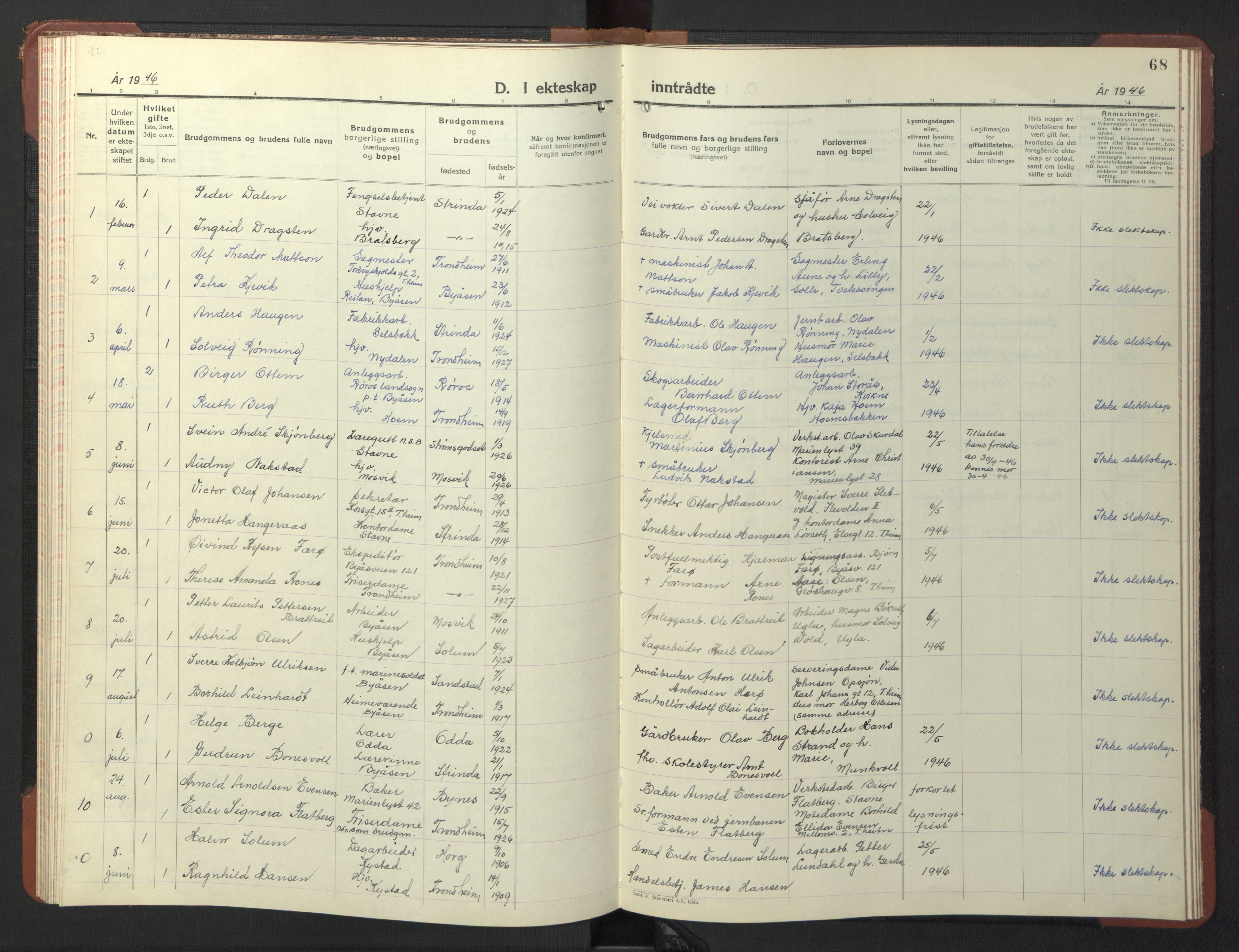 Ministerialprotokoller, klokkerbøker og fødselsregistre - Sør-Trøndelag, SAT/A-1456/611/L0358: Parish register (copy) no. 611C06, 1943-1946, p. 68