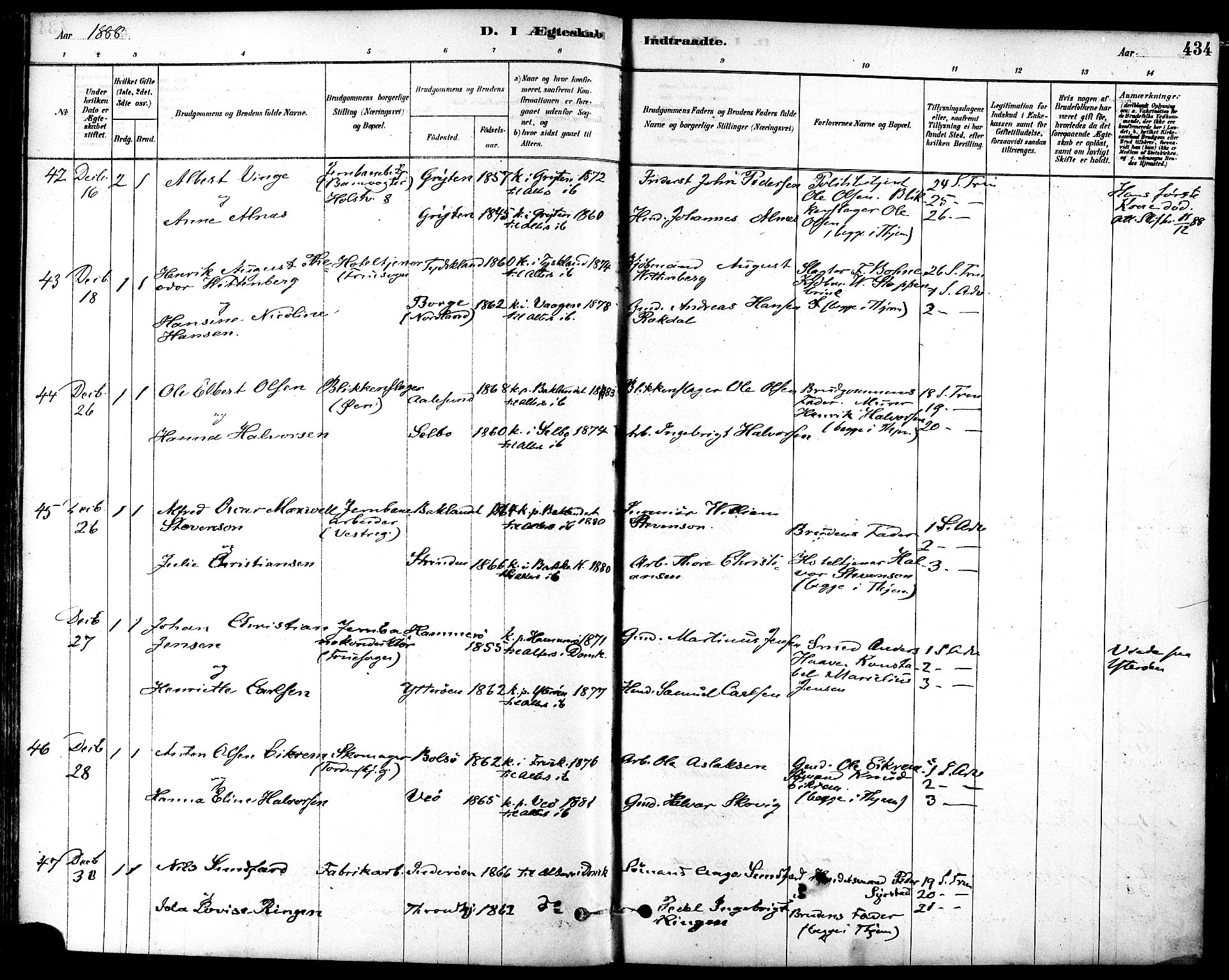 Ministerialprotokoller, klokkerbøker og fødselsregistre - Sør-Trøndelag, AV/SAT-A-1456/601/L0058: Parish register (official) no. 601A26, 1877-1891, p. 434