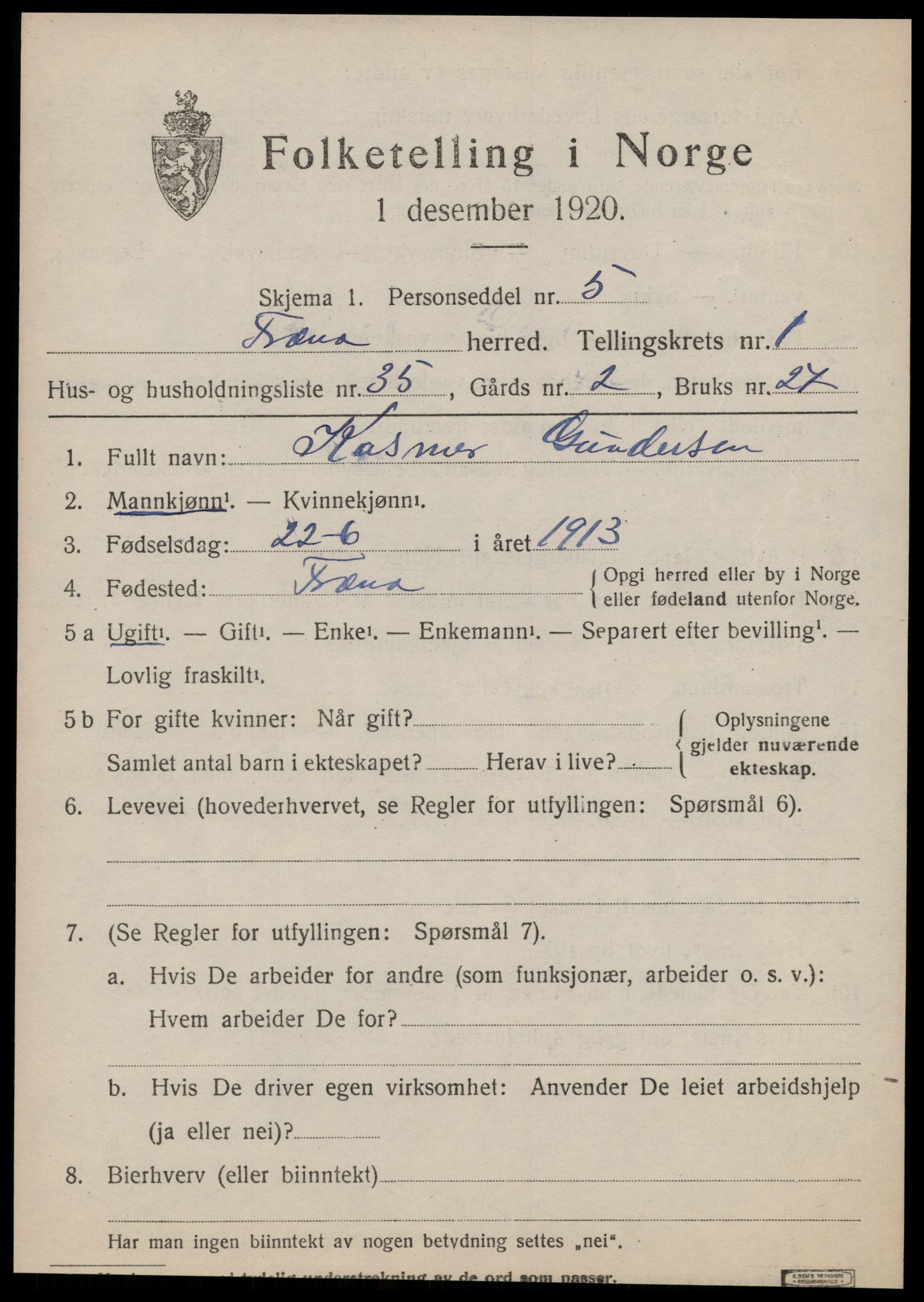 SAT, 1920 census for Fræna, 1920, p. 1503