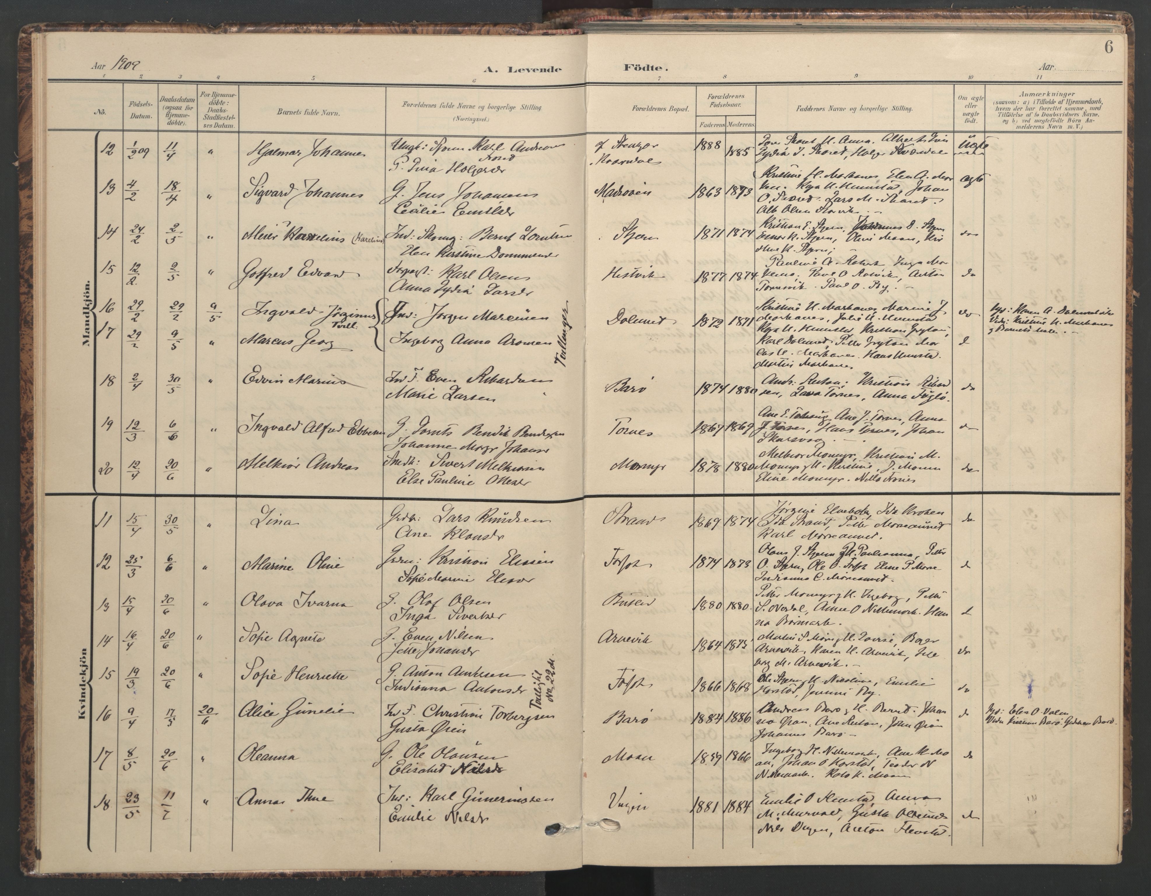 Ministerialprotokoller, klokkerbøker og fødselsregistre - Sør-Trøndelag, AV/SAT-A-1456/655/L0682: Parish register (official) no. 655A11, 1908-1922, p. 6