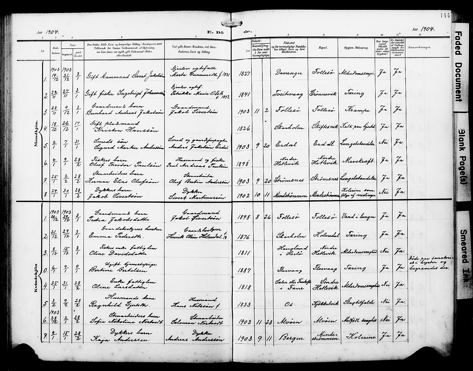 Askøy Sokneprestembete, SAB/A-74101/H/Ha/Hab/Haba/L0014: Parish register (copy) no. A 14, 1904-1927, p. 144