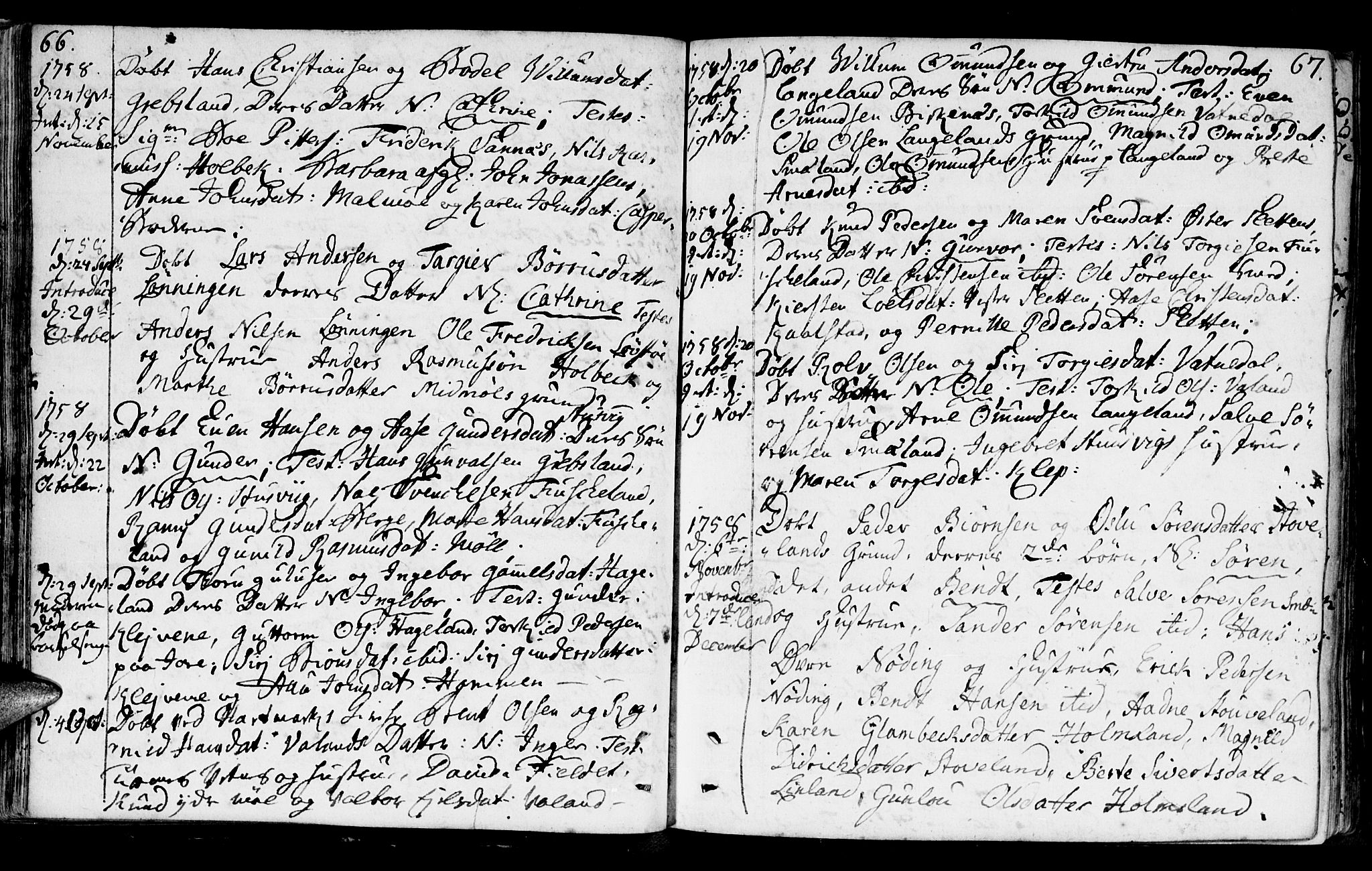 Holum sokneprestkontor, AV/SAK-1111-0022/F/Fa/Faa/L0002: Parish register (official) no. A 2, 1756-1780, p. 66-67