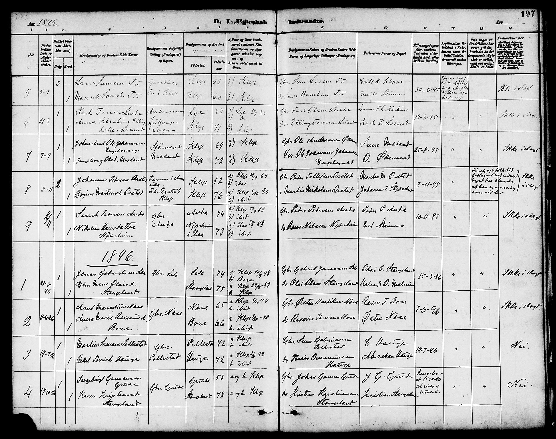 Klepp sokneprestkontor, SAST/A-101803/001/3/30BB/L0004: Parish register (copy) no. B 4, 1889-1914, p. 197