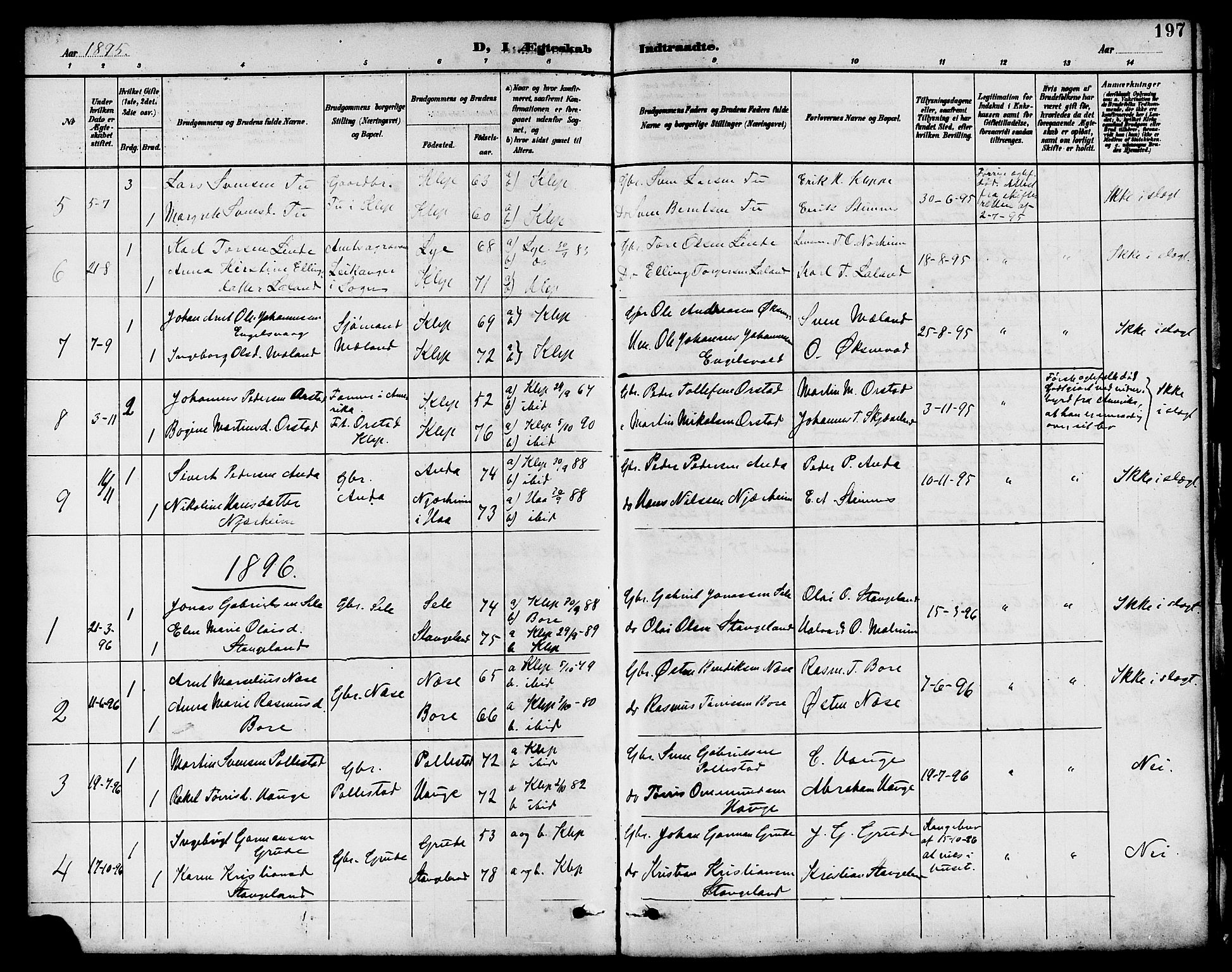 Klepp sokneprestkontor, AV/SAST-A-101803/001/30/300BB/L0004: Parish register (copy) no. B 4, 1889-1914, p. 197