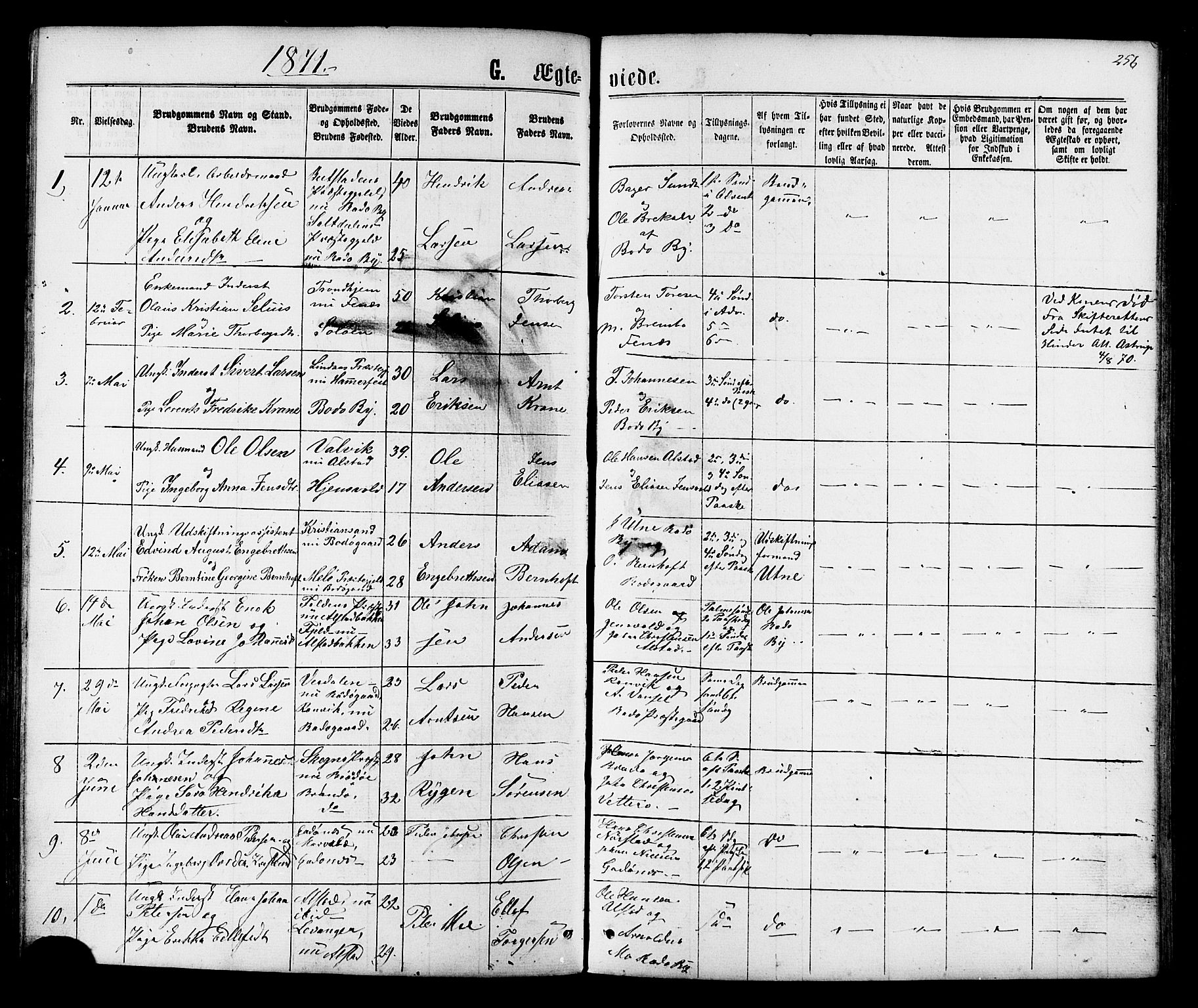 Ministerialprotokoller, klokkerbøker og fødselsregistre - Nordland, SAT/A-1459/801/L0029: Parish register (copy) no. 801C04, 1868-1878, p. 256