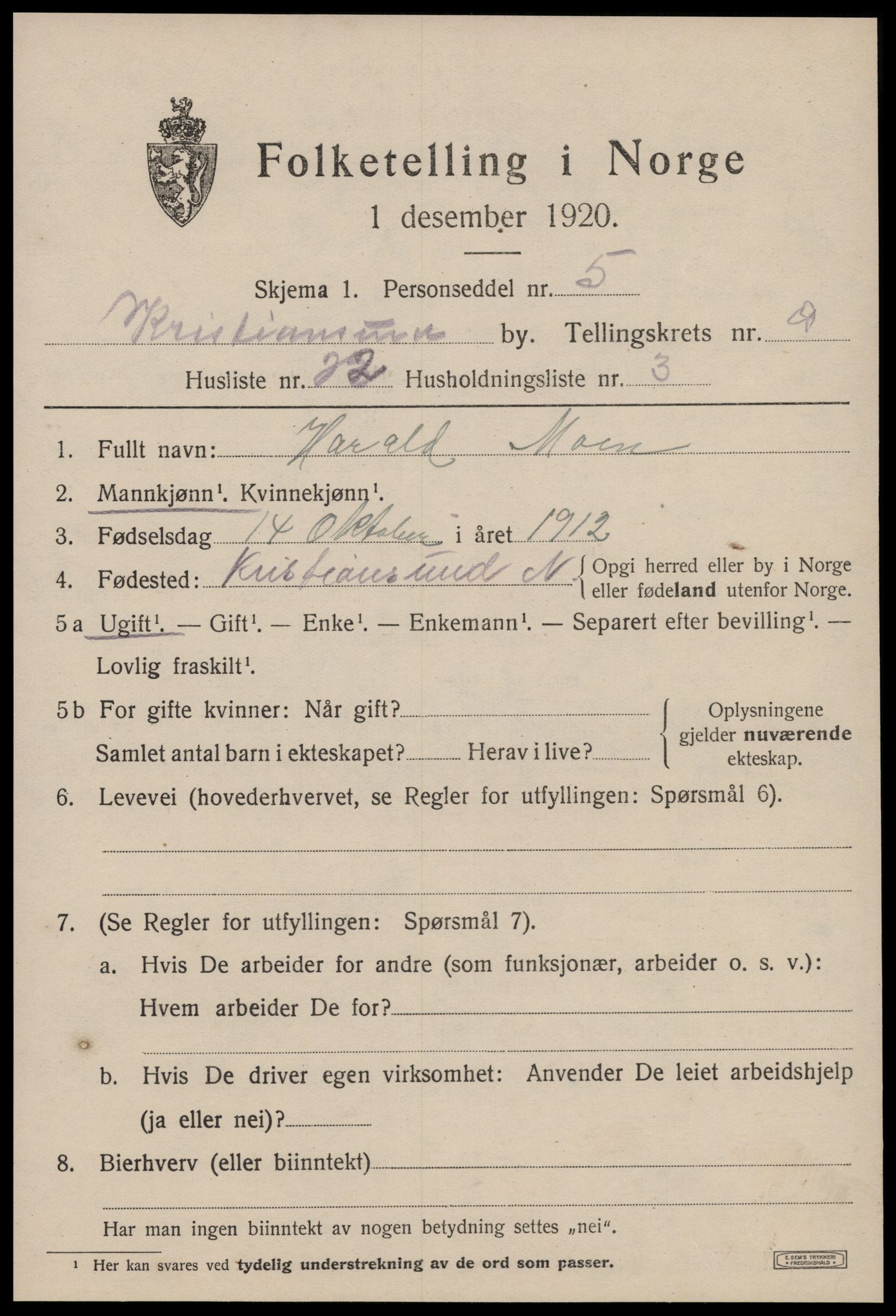 SAT, 1920 census for Kristiansund, 1920, p. 22077