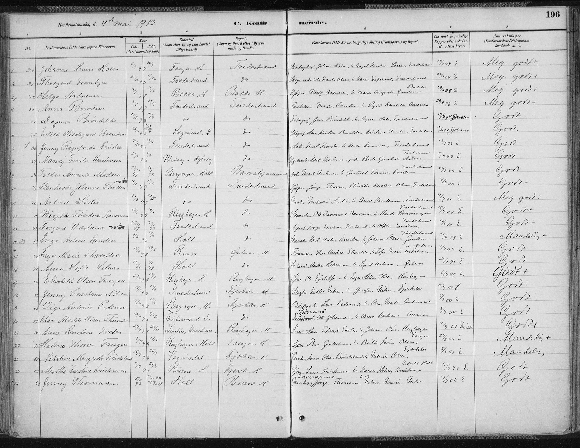 Tvedestrand sokneprestkontor, SAK/1111-0042/F/Fa/L0001: Parish register (official) no. A 1, 1885-1916, p. 196