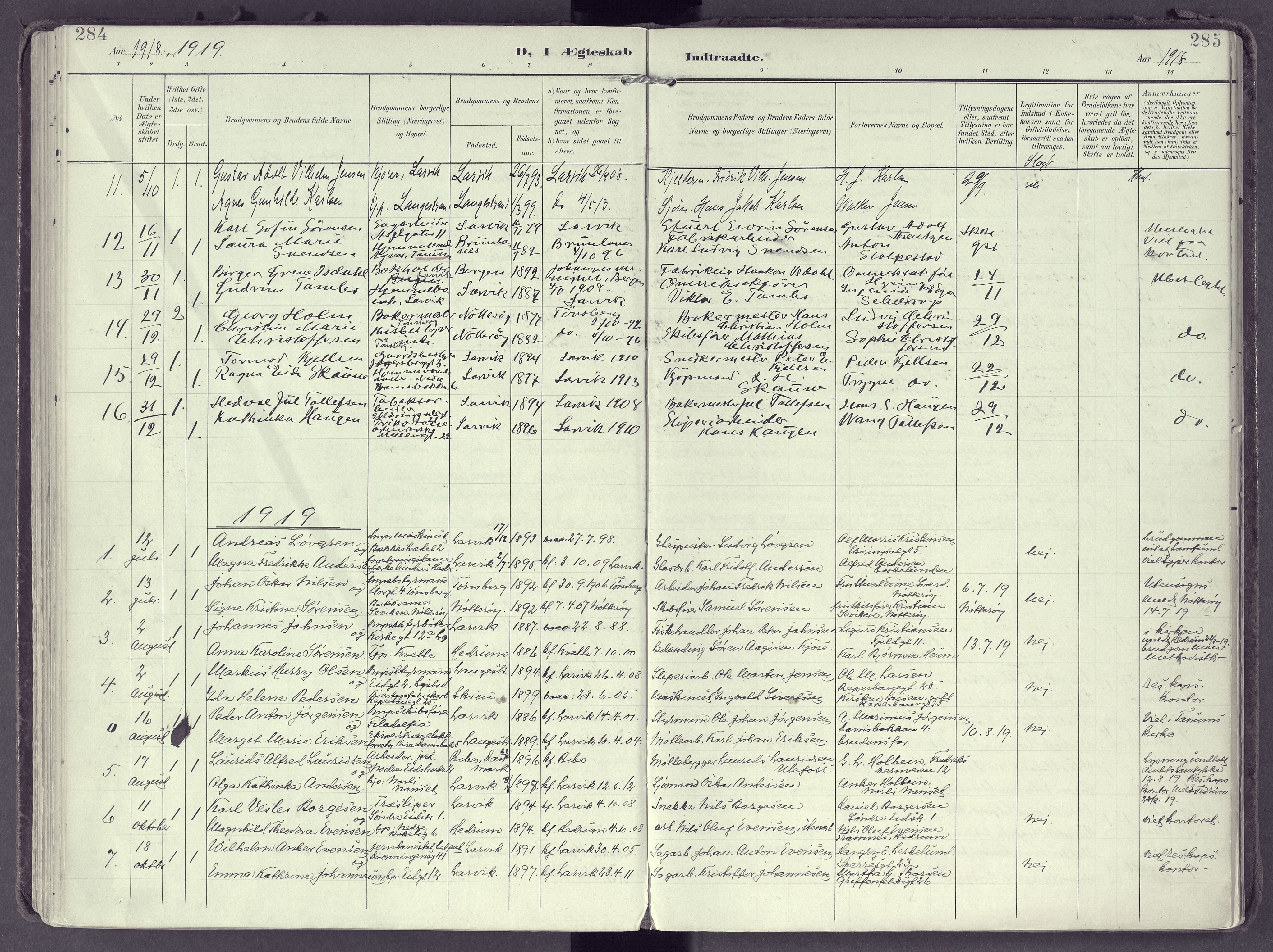 Larvik kirkebøker, SAKO/A-352/F/Fb/L0005: Parish register (official) no. II 5, 1903-1925, p. 284-285