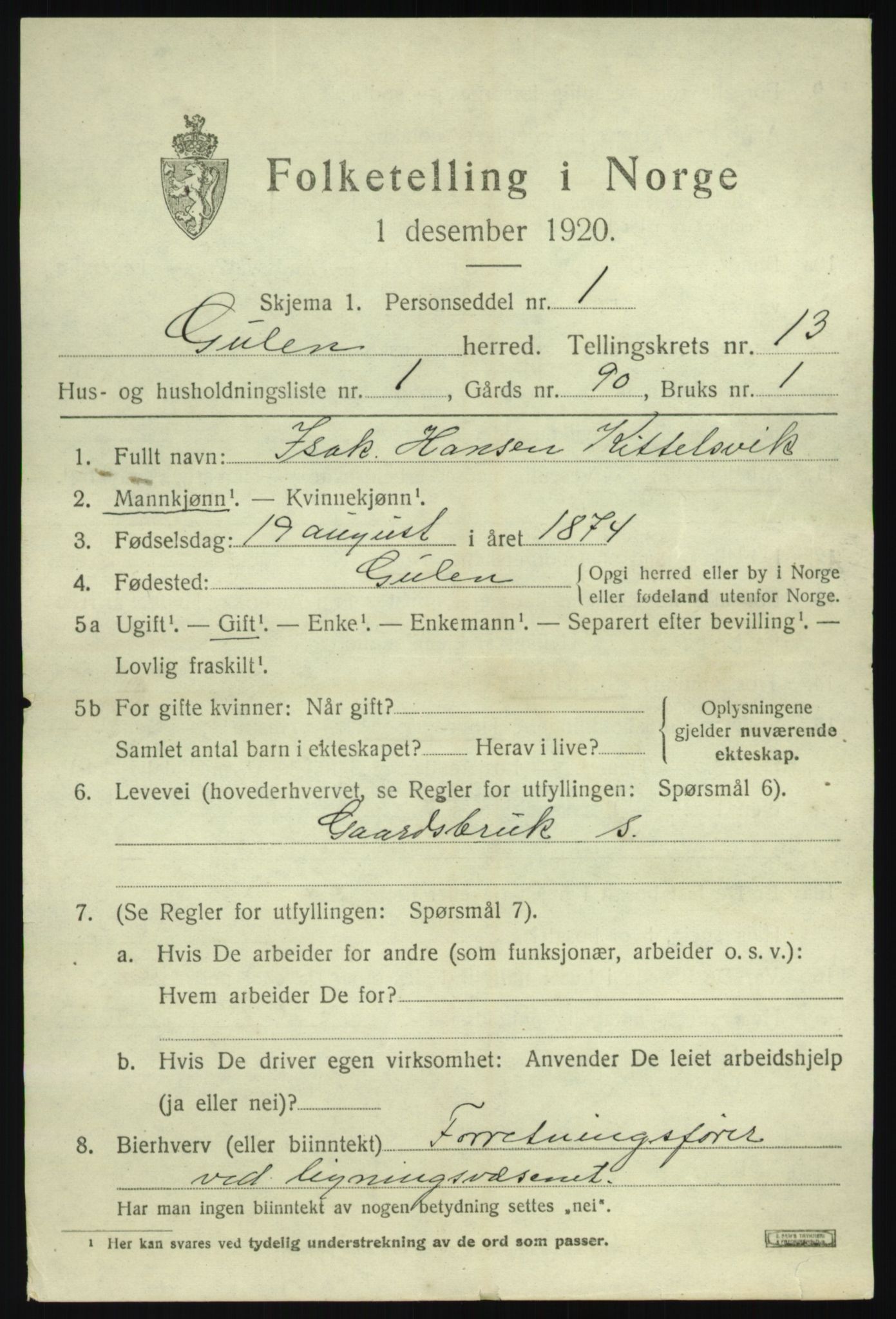 SAB, 1920 census for Gulen, 1920, p. 5797