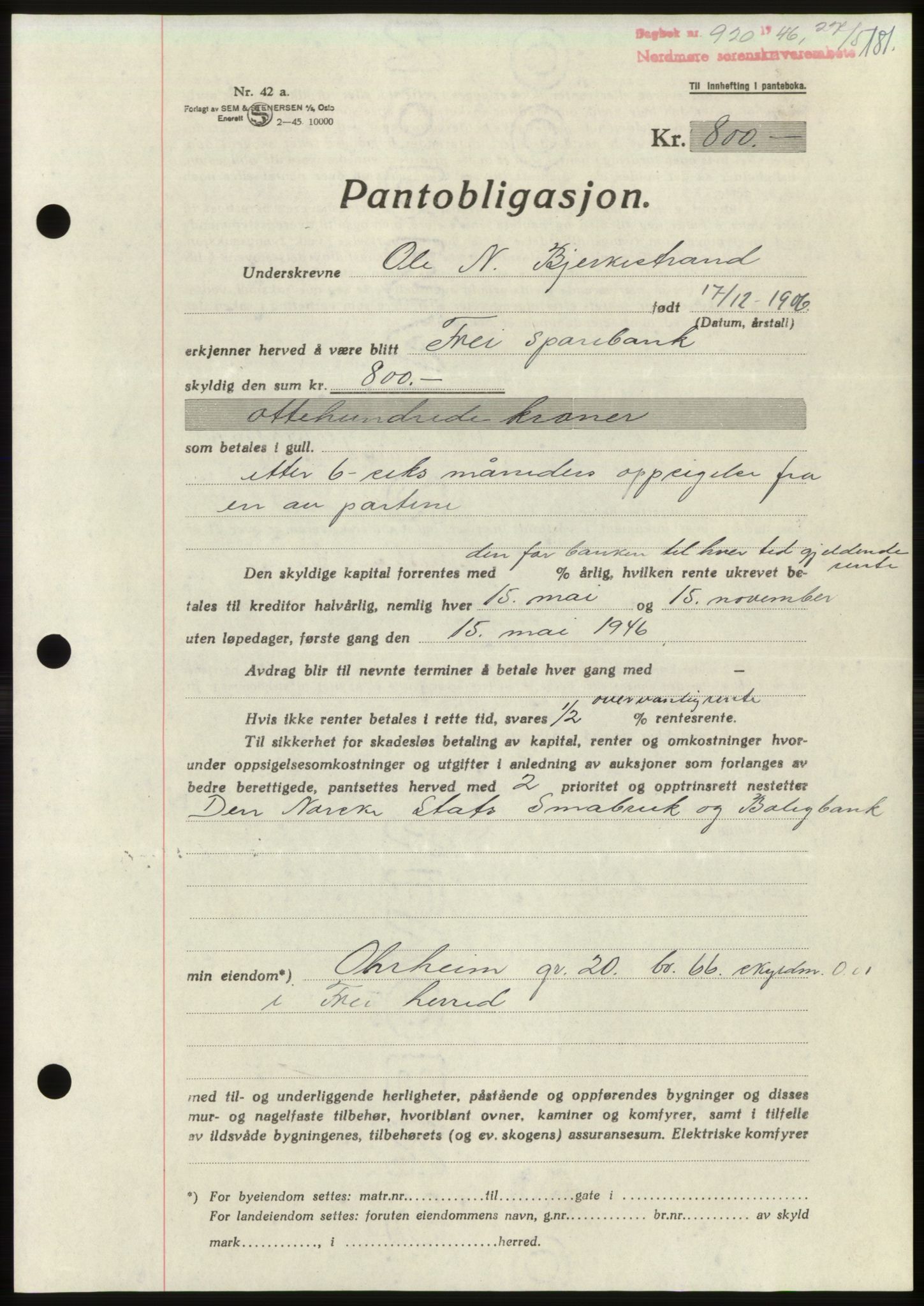 Nordmøre sorenskriveri, AV/SAT-A-4132/1/2/2Ca: Mortgage book no. B94, 1946-1946, Diary no: : 920/1946