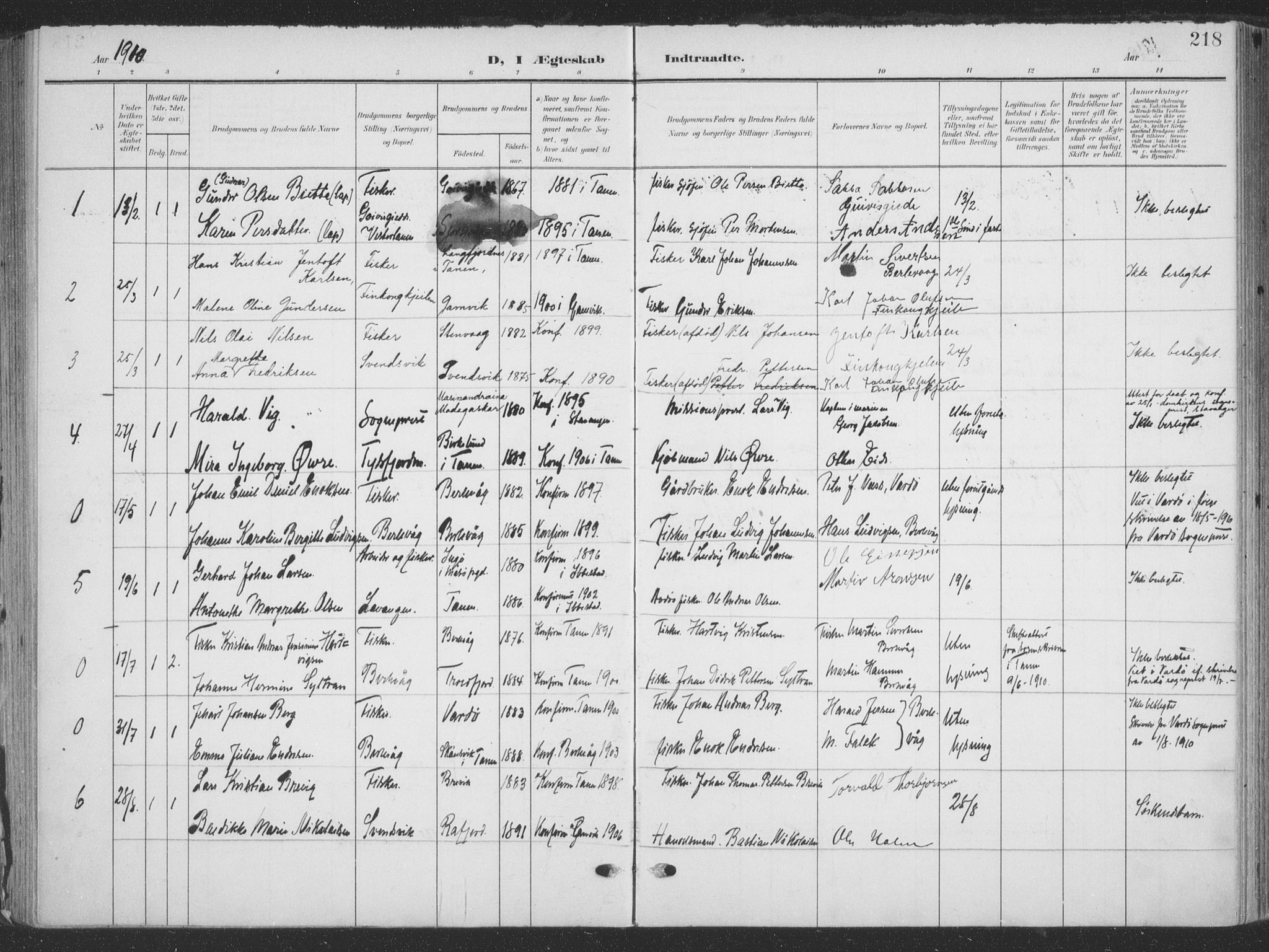 Tana sokneprestkontor, SATØ/S-1334/H/Ha/L0007kirke: Parish register (official) no. 7, 1904-1918, p. 218