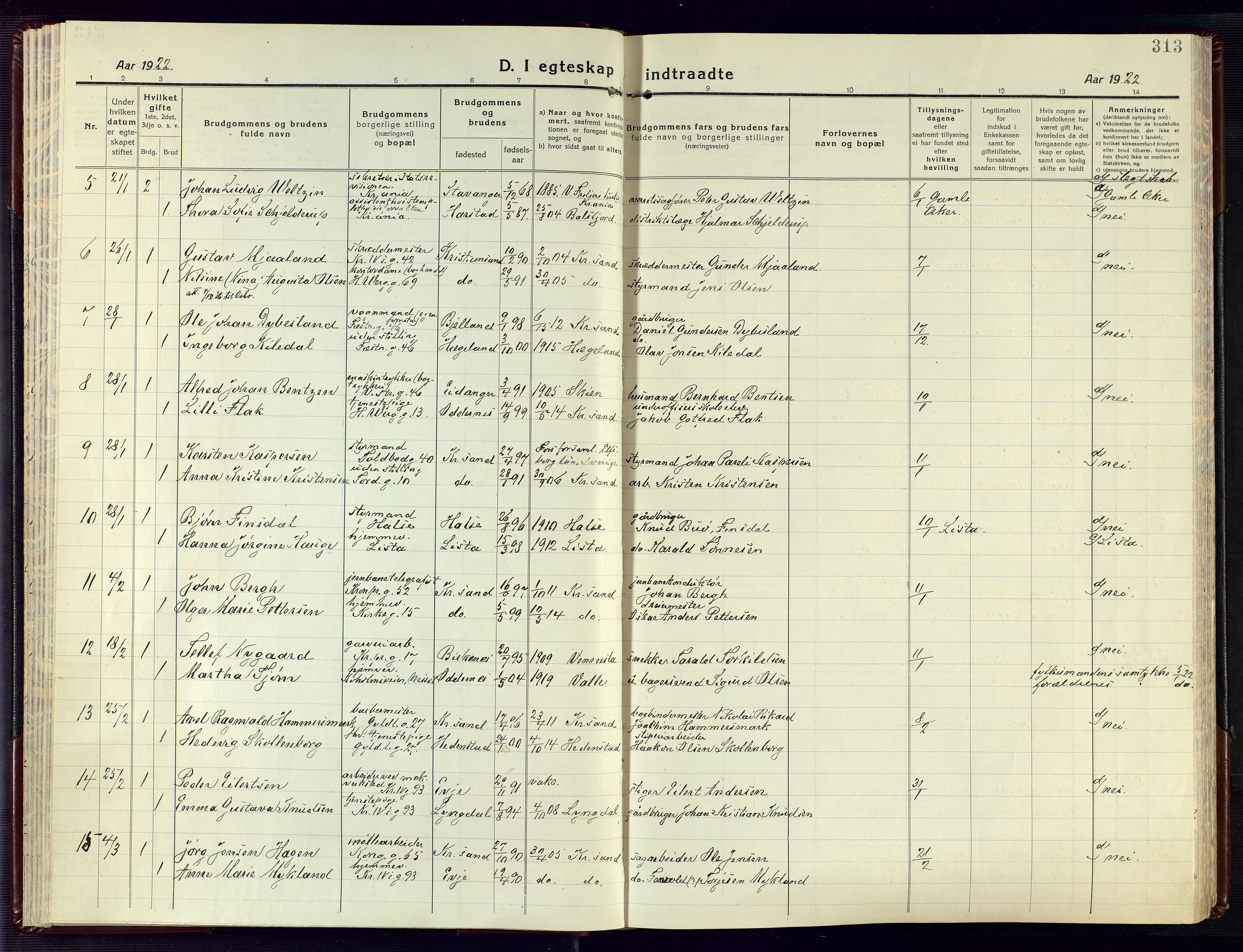 Kristiansand domprosti, AV/SAK-1112-0006/F/Fa/L0028: Parish register (official) no. A 27, 1917-1926, p. 313