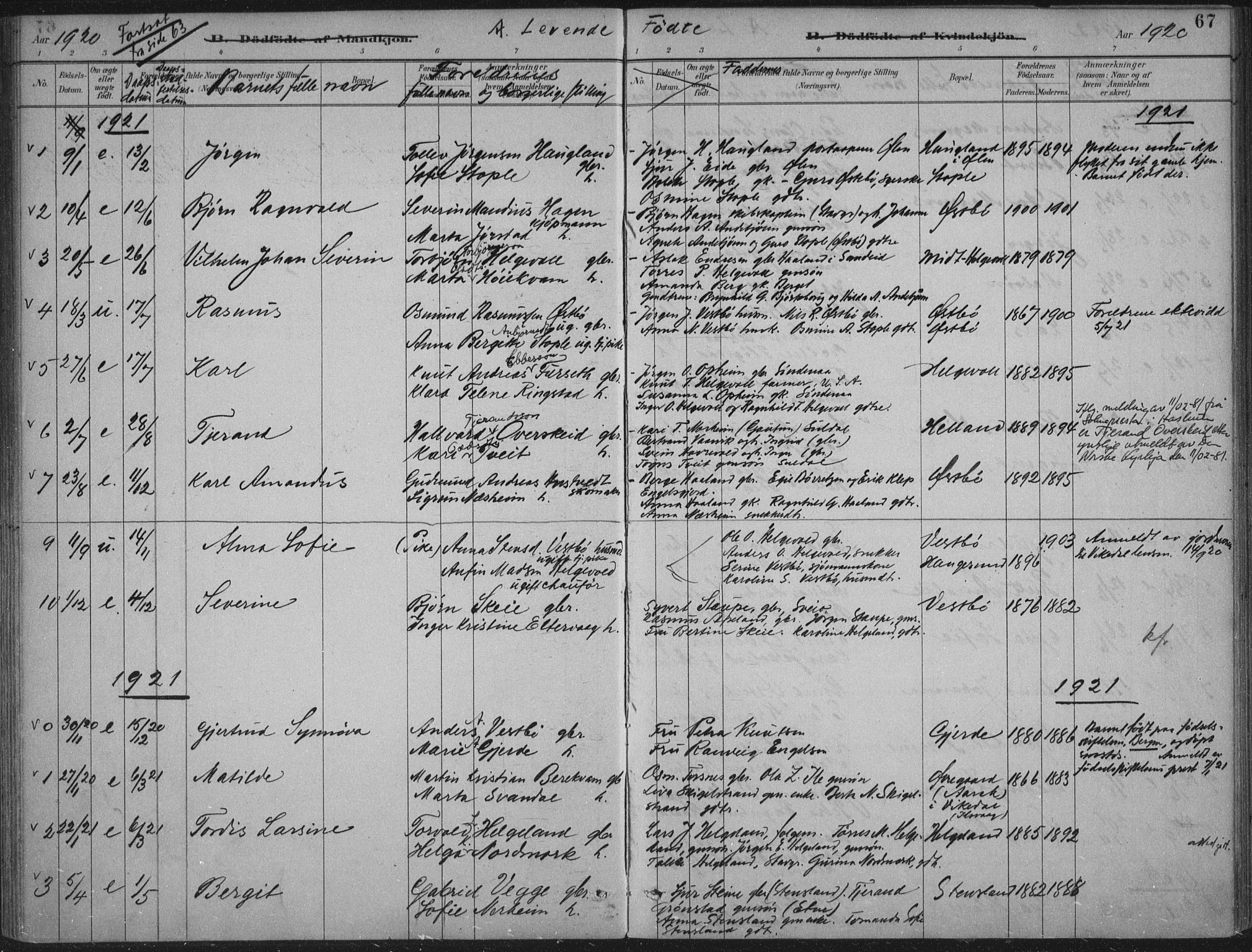 Vikedal sokneprestkontor, AV/SAST-A-101840/01/IV: Parish register (official) no. A 11, 1884-1933, p. 67