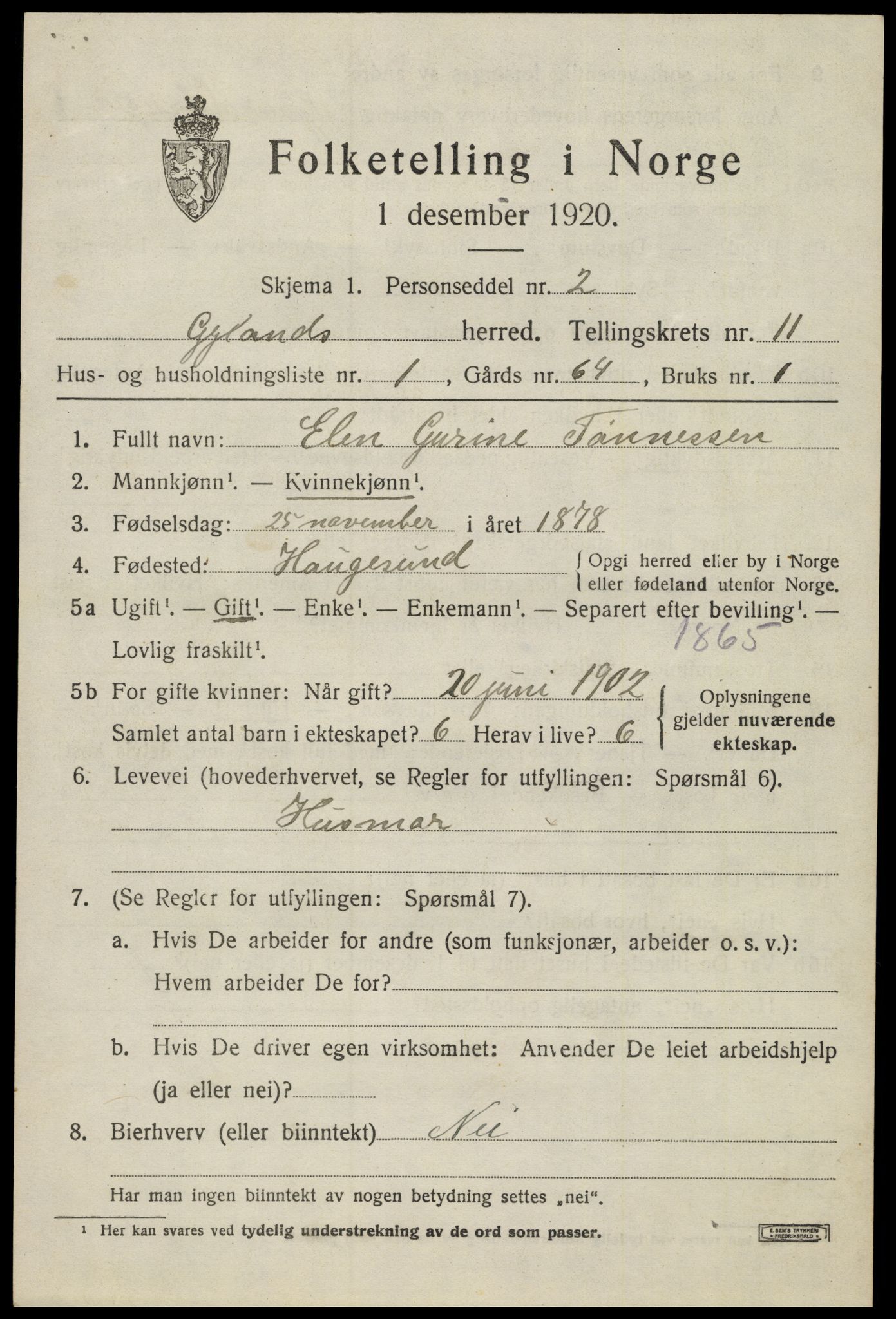 SAK, 1920 census for Gyland, 1920, p. 2302