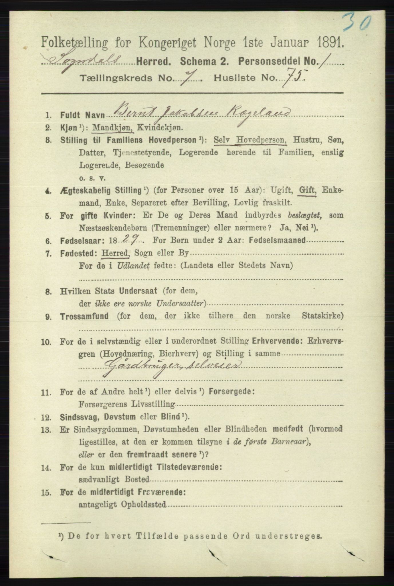 RA, 1891 census for 1111 Sokndal, 1891, p. 2589