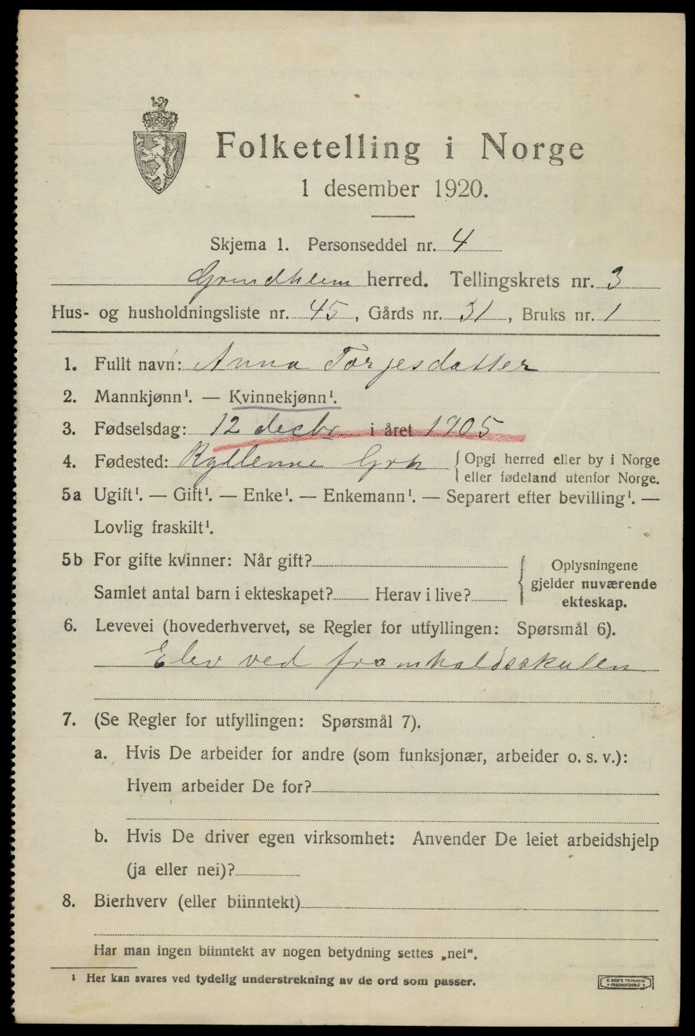 SAK, 1920 census for Grindheim, 1920, p. 1399