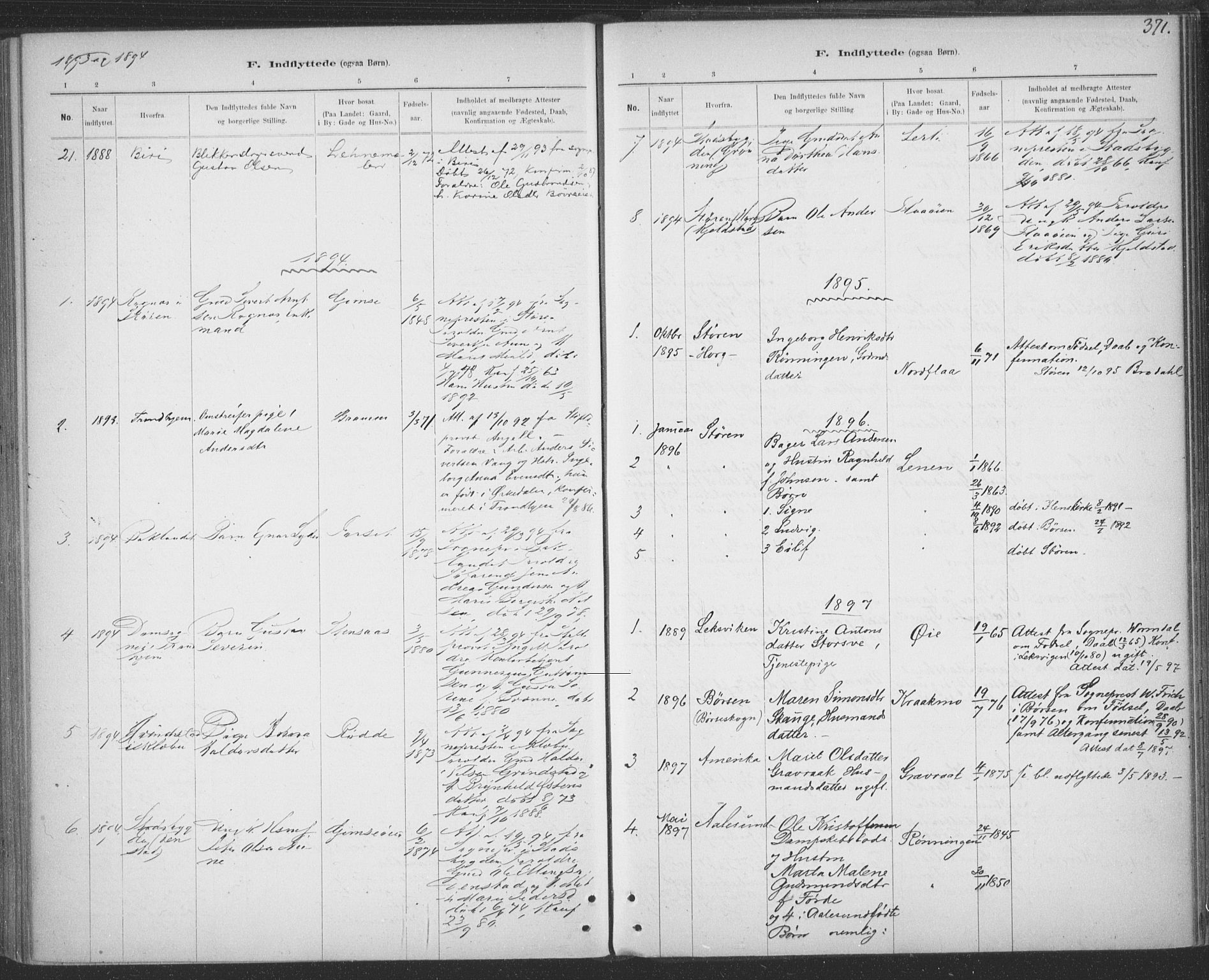Ministerialprotokoller, klokkerbøker og fødselsregistre - Sør-Trøndelag, SAT/A-1456/691/L1085: Parish register (official) no. 691A17, 1887-1908, p. 371