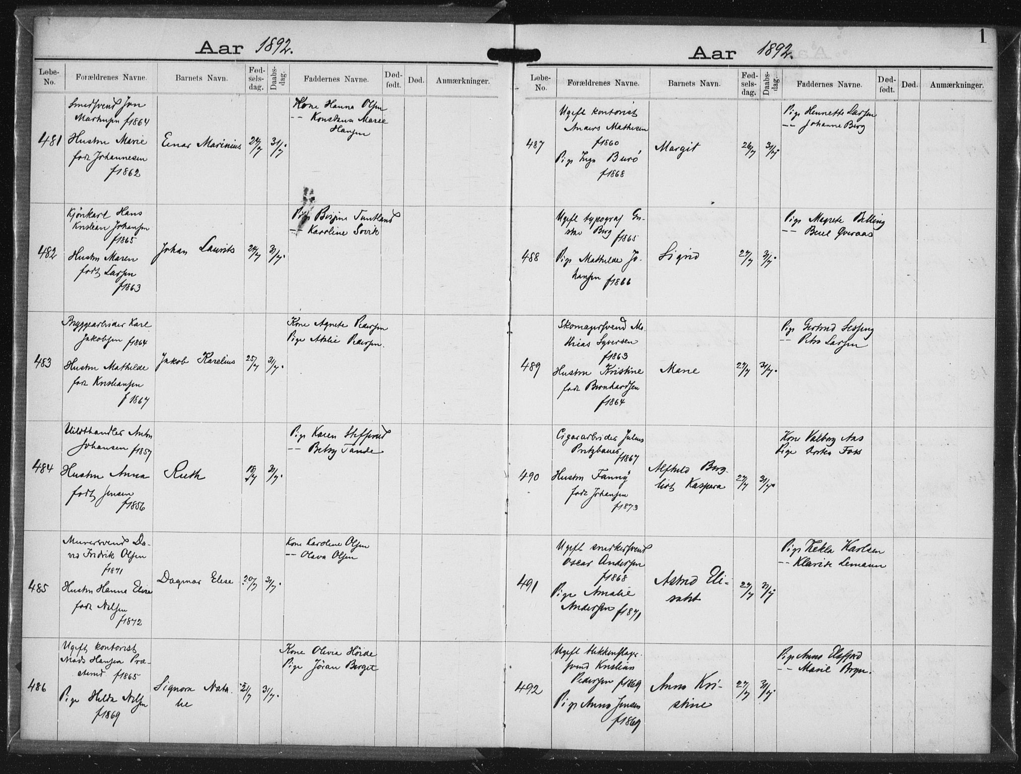 Rikshospitalet prestekontor Kirkebøker, SAO/A-10309b/K/L0004/0001: Baptism register no. 4.1, 1892-1895, p. 1