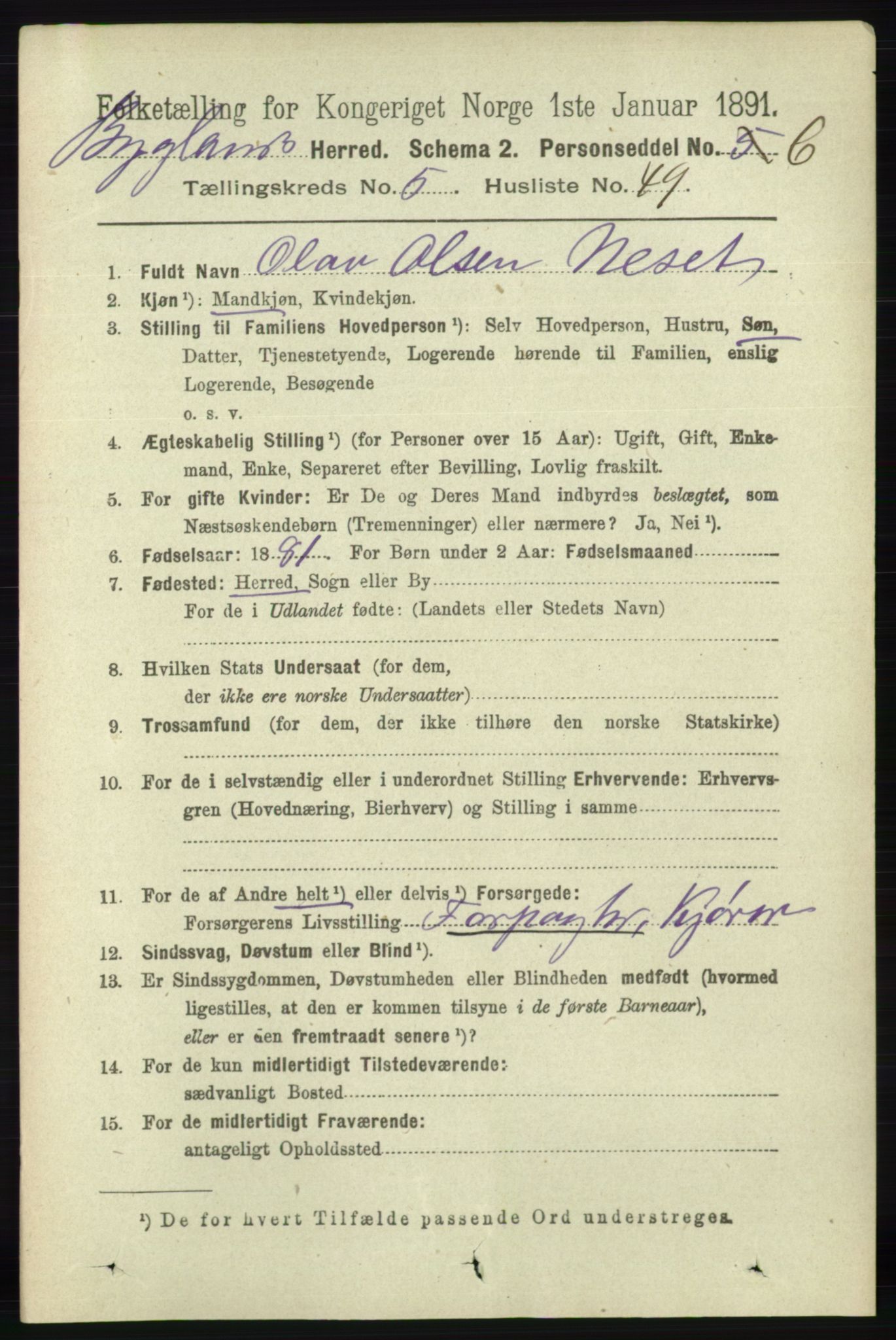 RA, 1891 census for 0938 Bygland, 1891, p. 1302